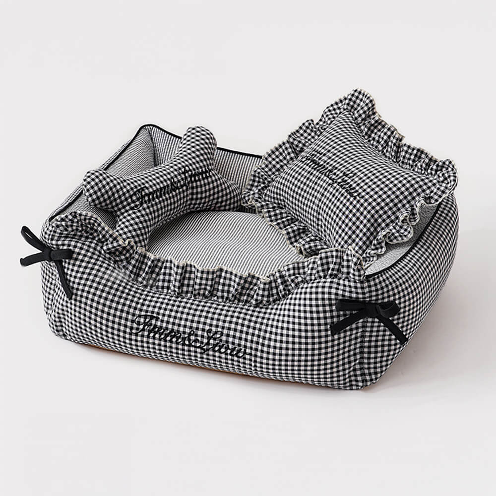 Soft Gingham Washable Dog & Cat Sofa Bed with Pillows