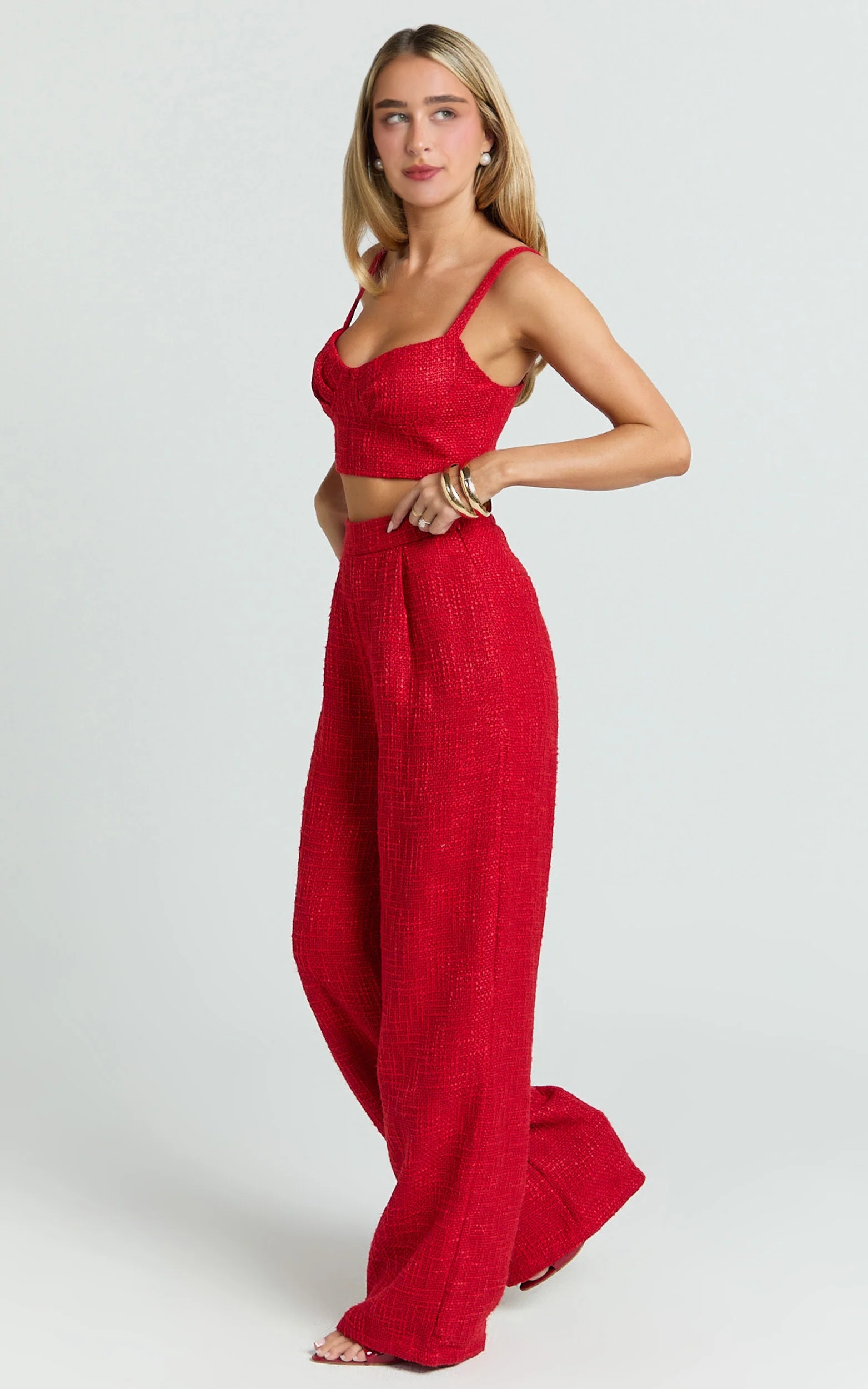 Sylvia Two Piece Set - Corset Top and High Waisted Wide Leg Pants Set in Red