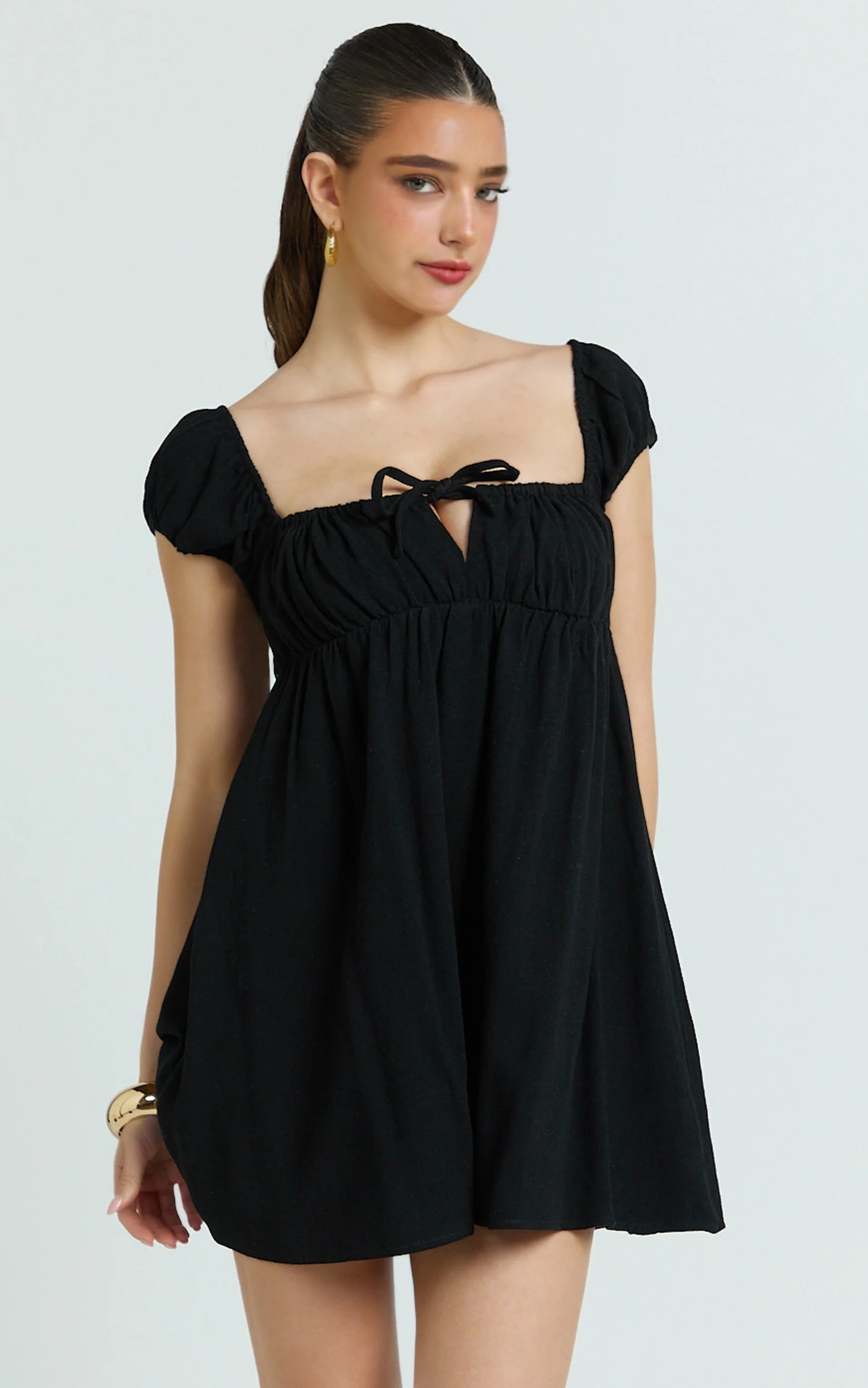 Brooks Mini Dress - Puff Sleeve Front Tie Babydoll Dress in Black