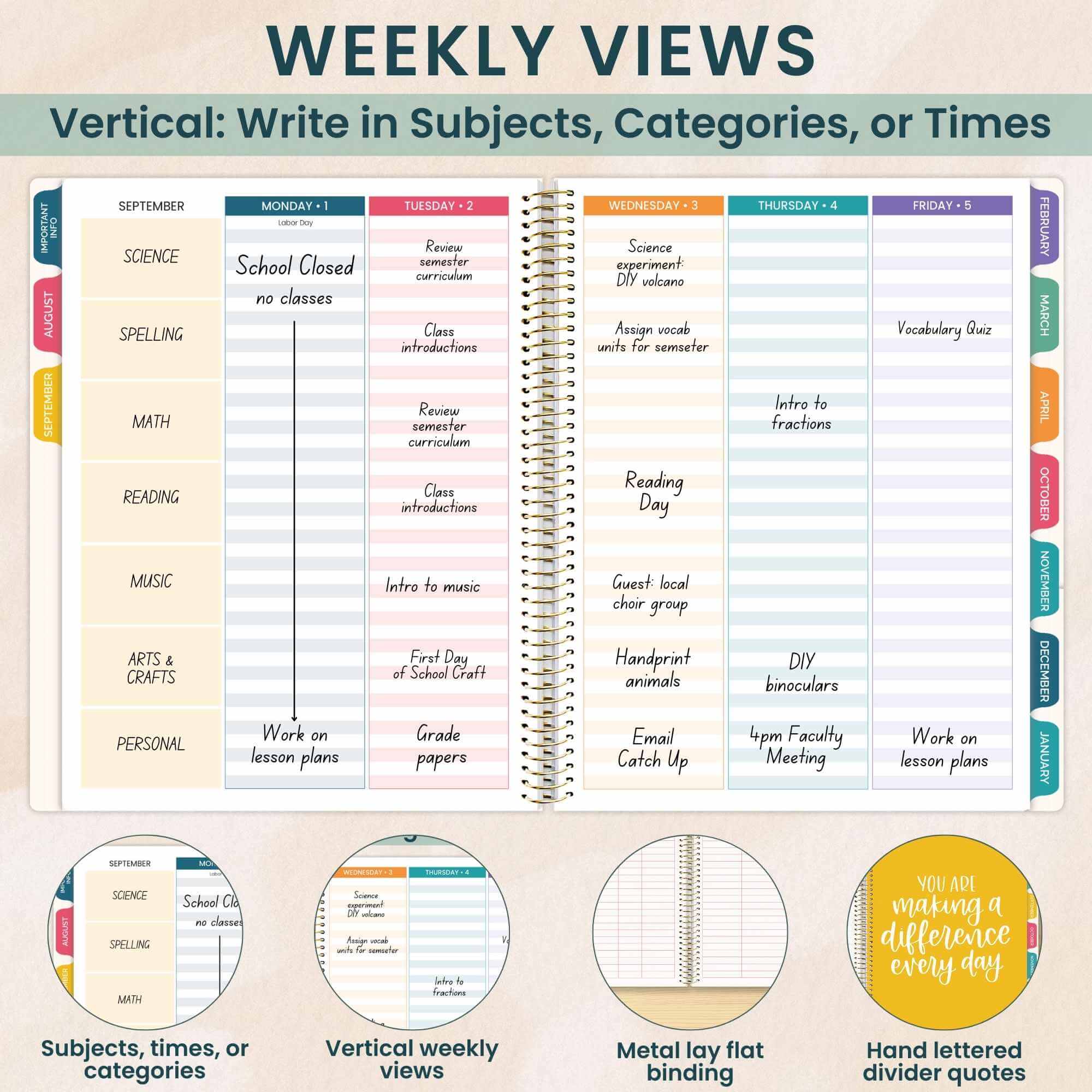DATED 2025-26 Teacher Planner & Calendar, Interchangeable Cover, Bold & Bright