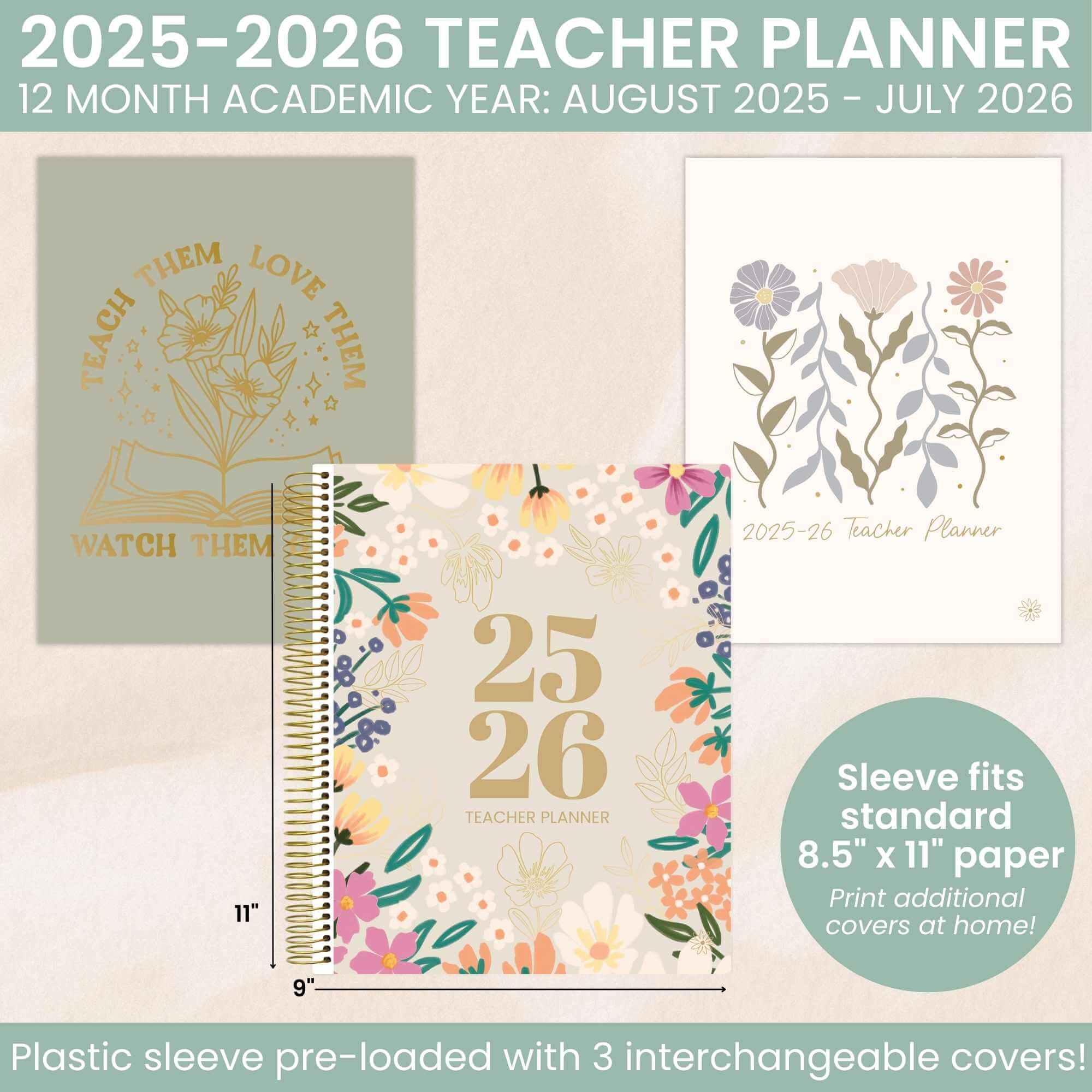 DATED 2025-26 Teacher Planner & Calendar, Interchangeable Cover, Cool Tones