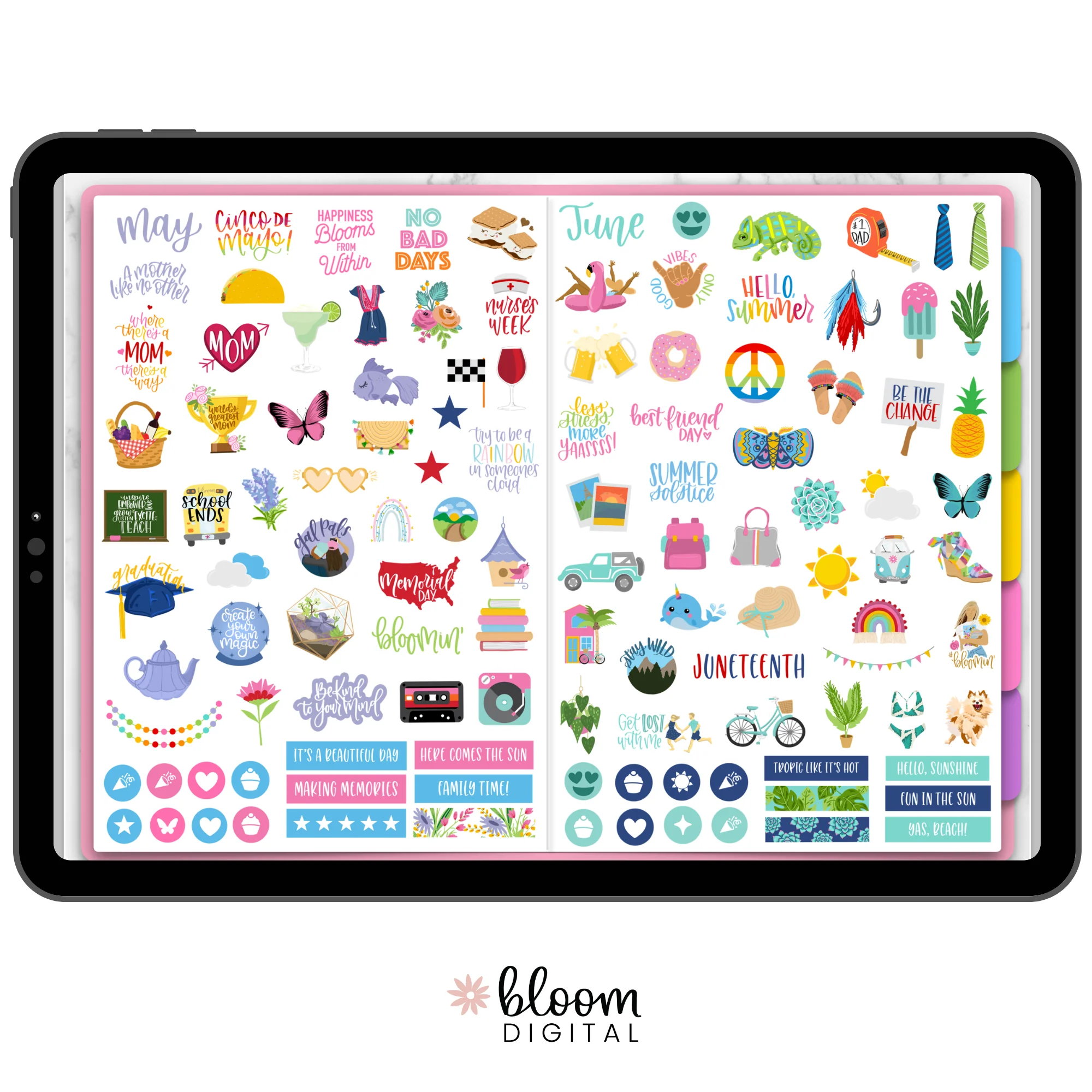Digital Planner Stickers, Monthly Celebrations, Bright