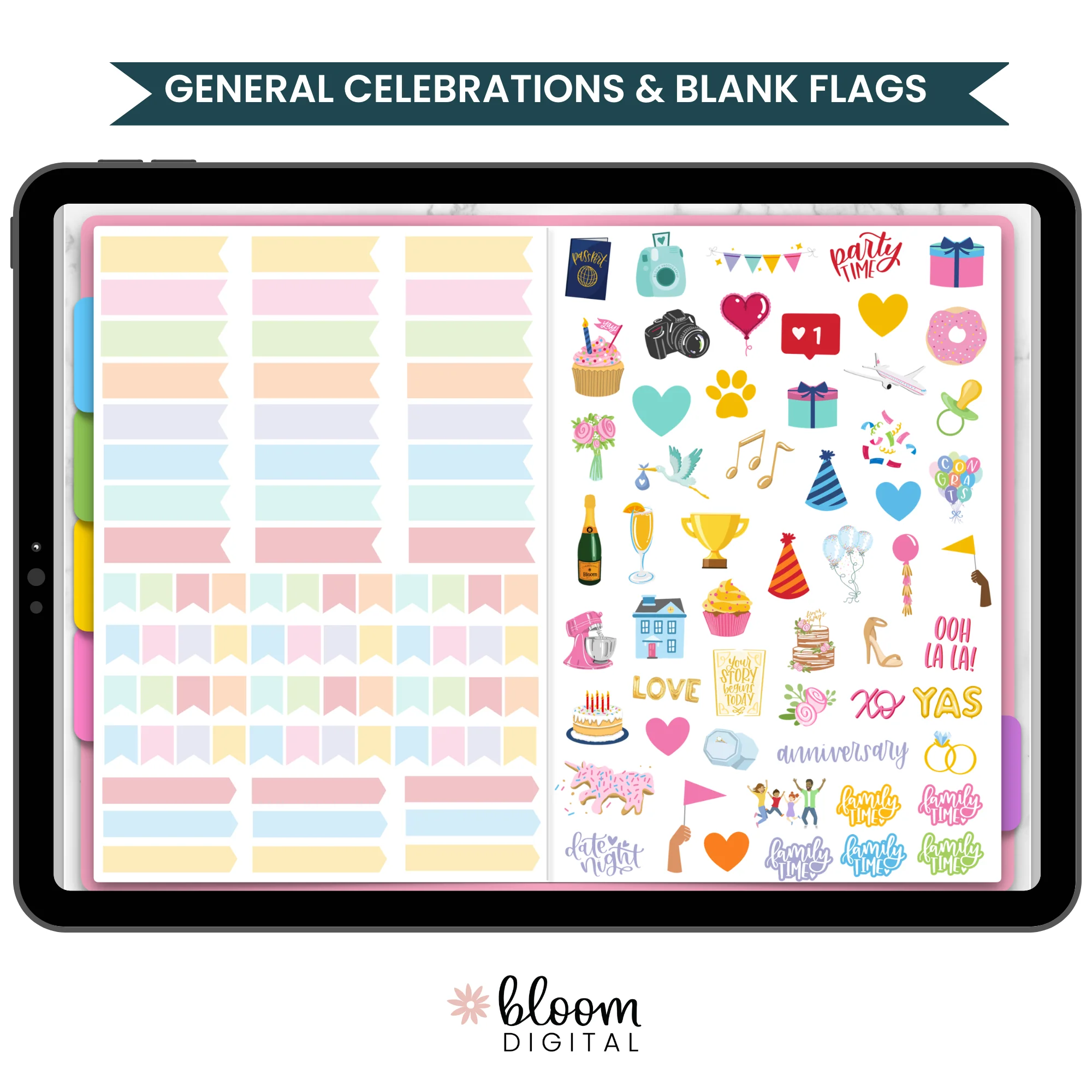 Digital Planner Stickers, Monthly Celebrations, Bright