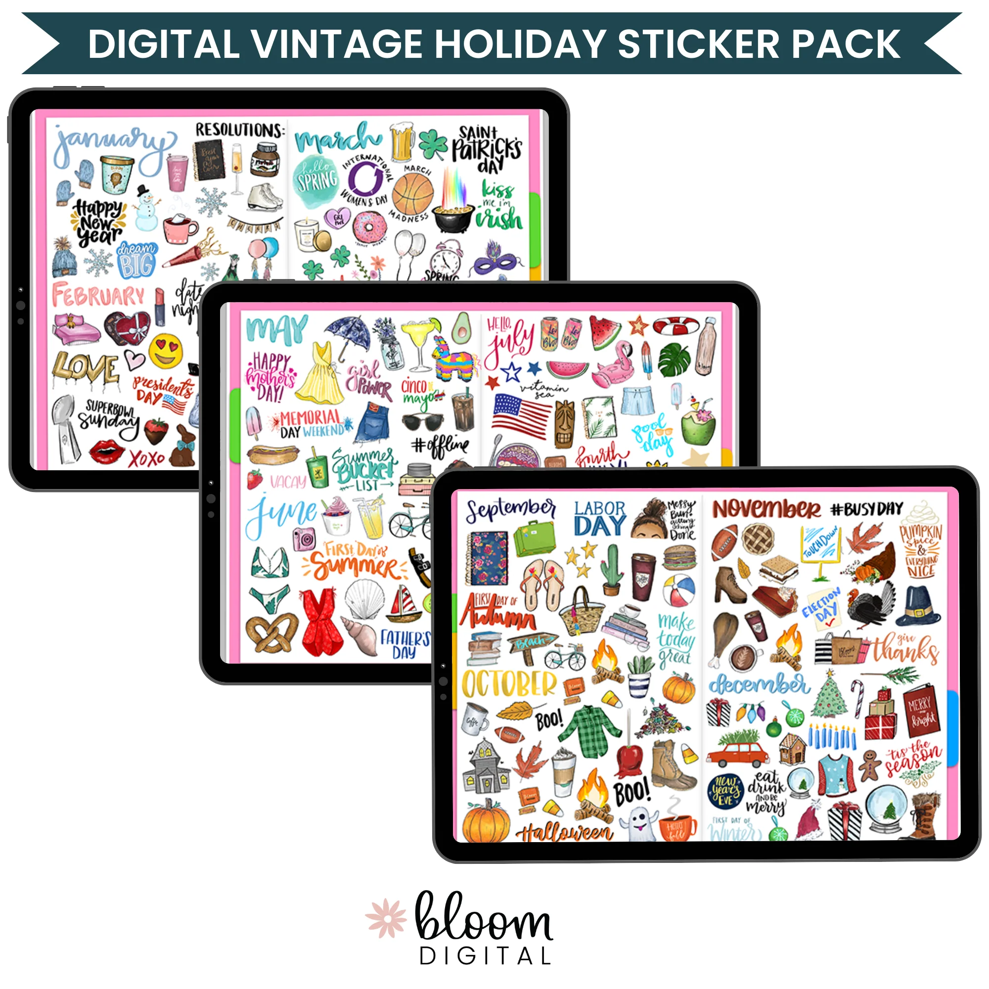 Digital Planner Stickers, Vintage Holiday
