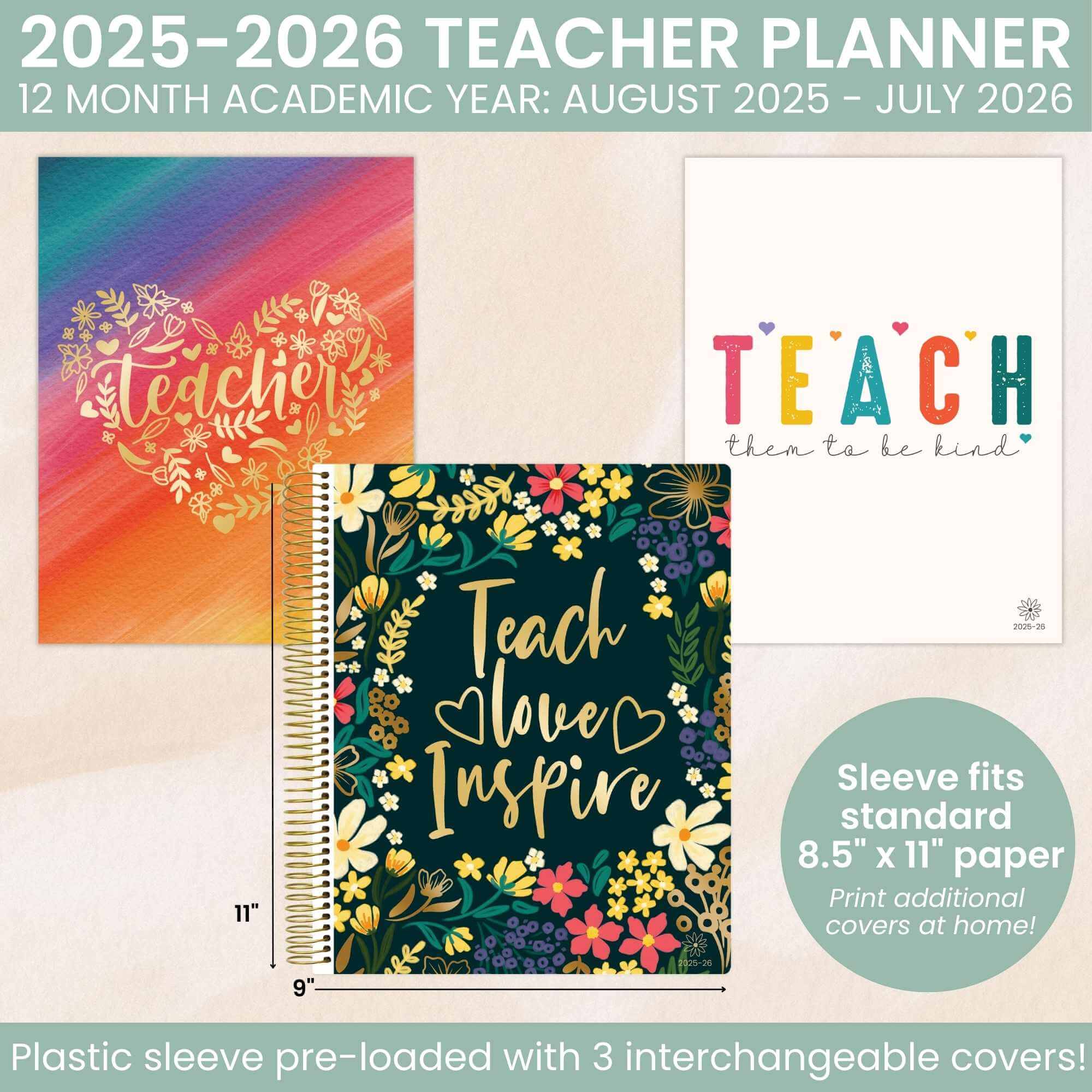 DATED 2025-26 Teacher Planner & Calendar, Interchangeable Cover, Bold & Bright
