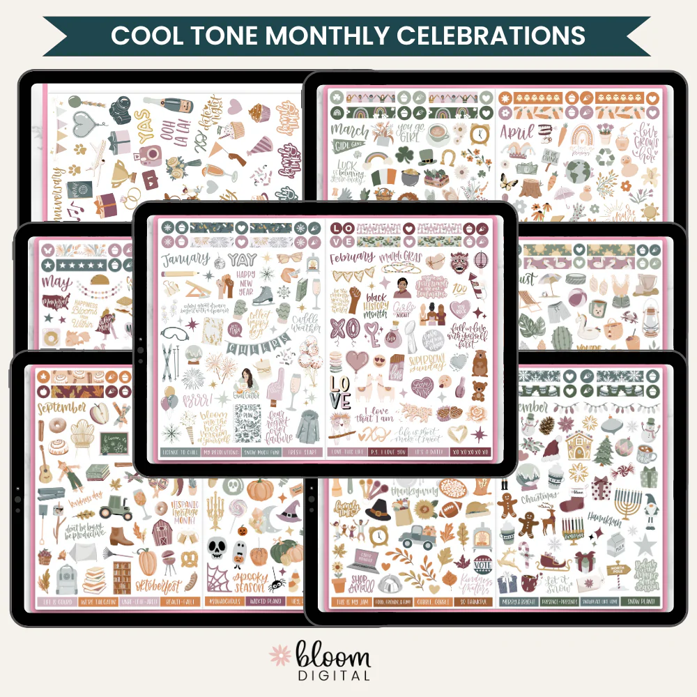 Digital Planner Stickers, Monthly Celebrations, Cool Tones