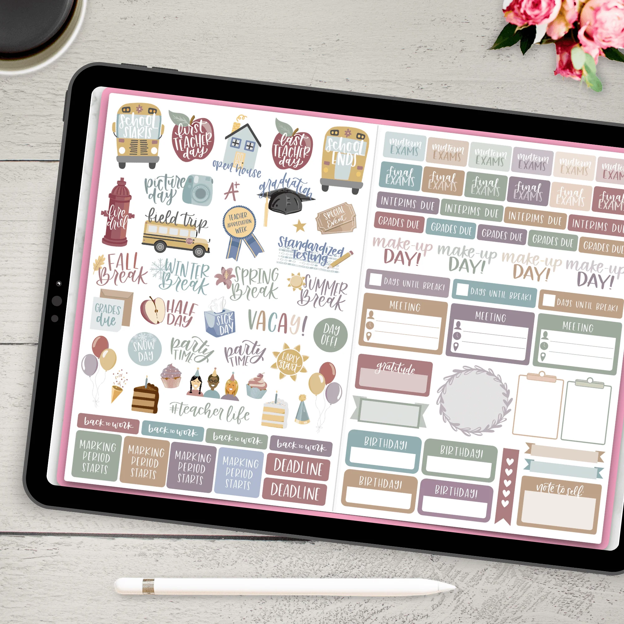Digital Planner Stickers, Teacher Pack, Cool Tones