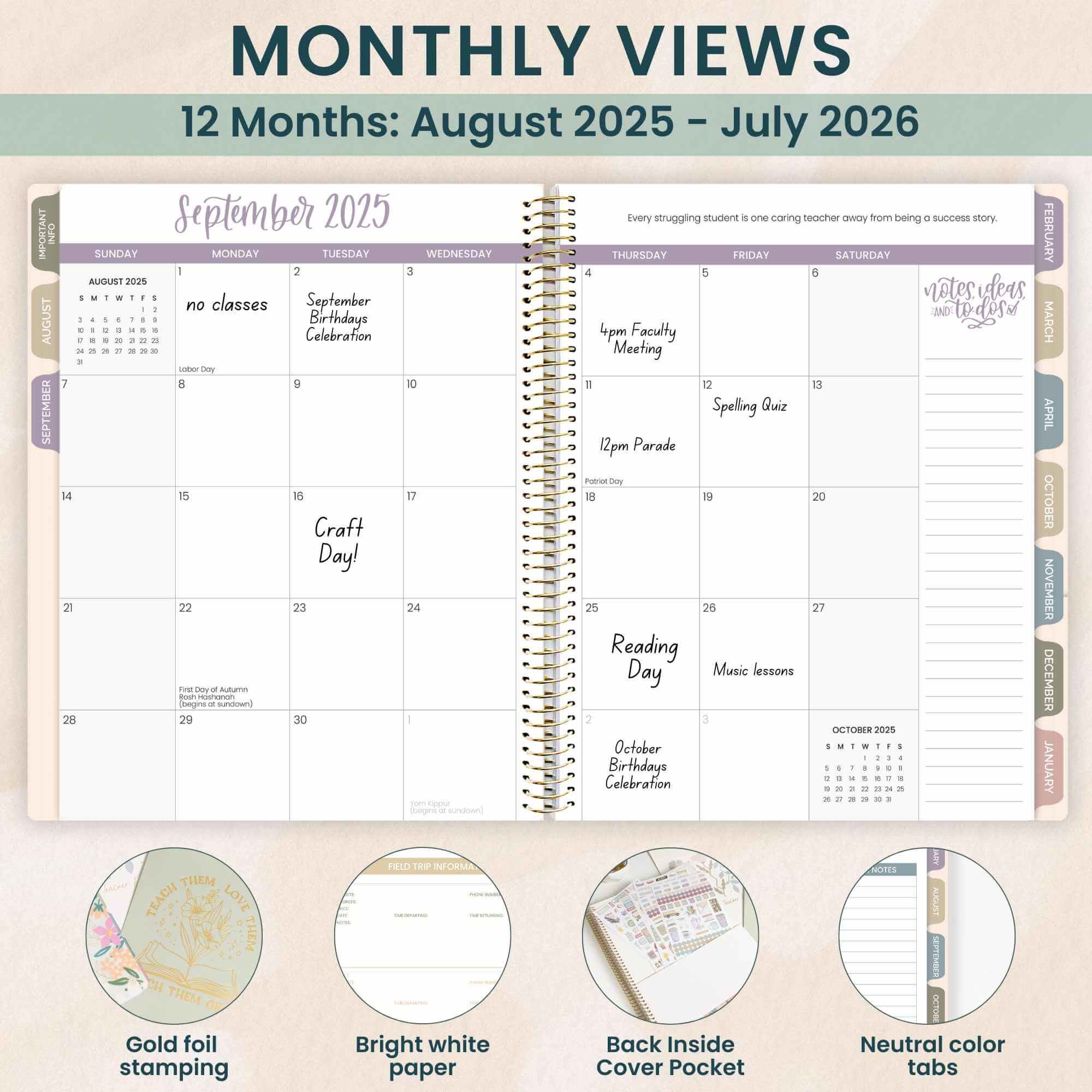 DATED 2025-26 Teacher Planner & Calendar, Interchangeable Cover, Cool Tones