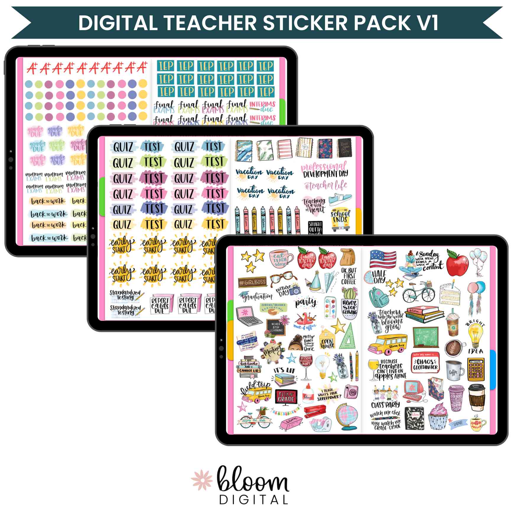 Digital Planner Stickers, Teacher Pack, Vintage