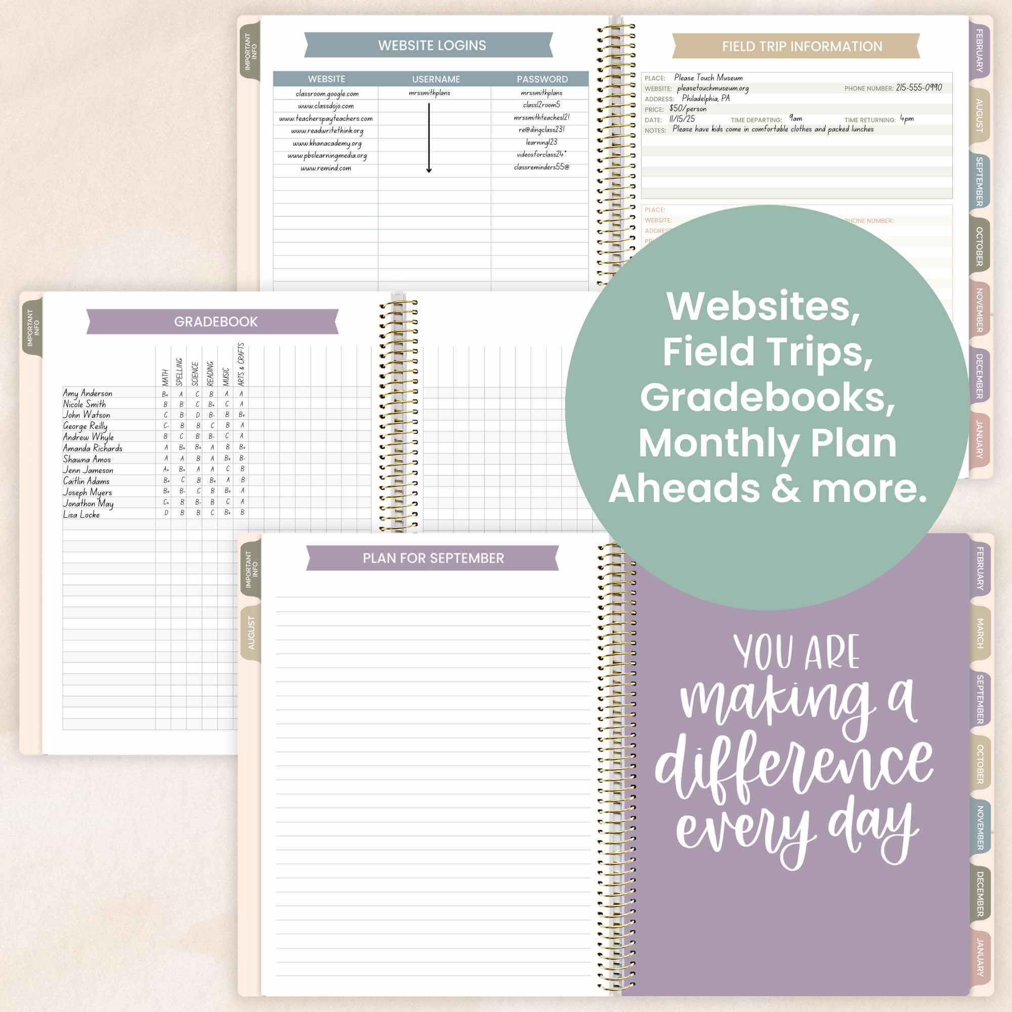 DATED 2025-26 Teacher Planner & Calendar, Interchangeable Cover, Cool Tones