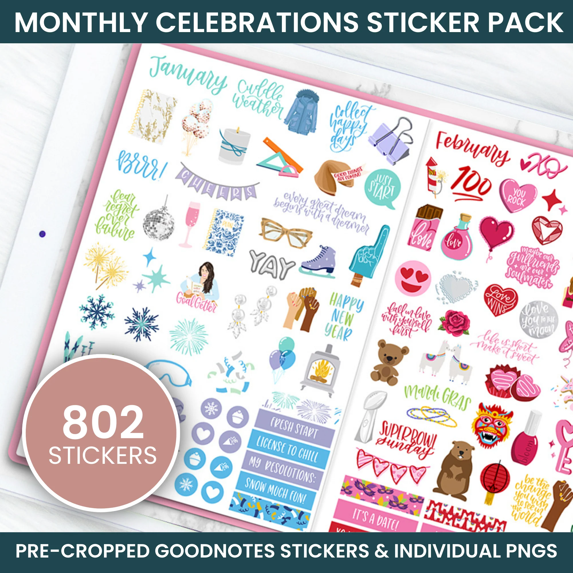 Digital Planner Stickers, Monthly Celebrations, Bright