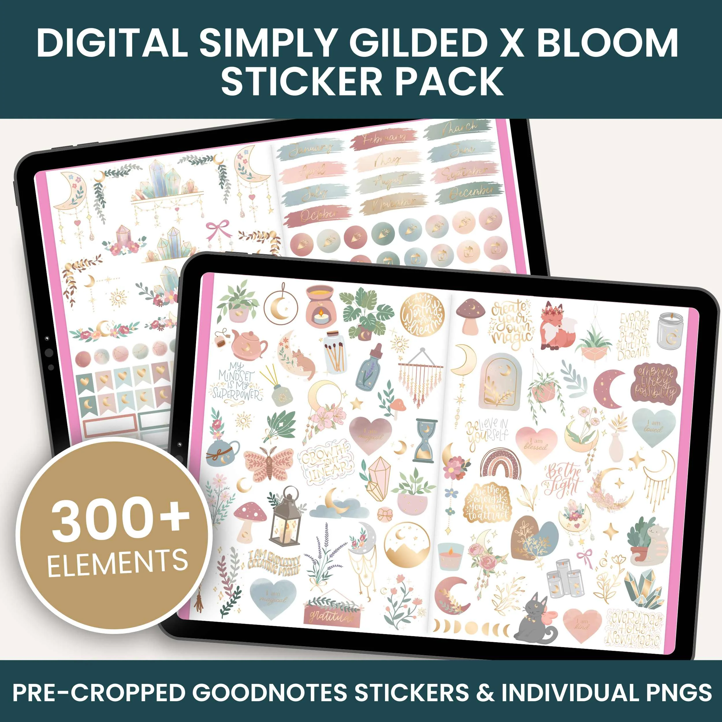 Digital Planner Stickers, Simply Gilded x bloom Boho Celestial Pack