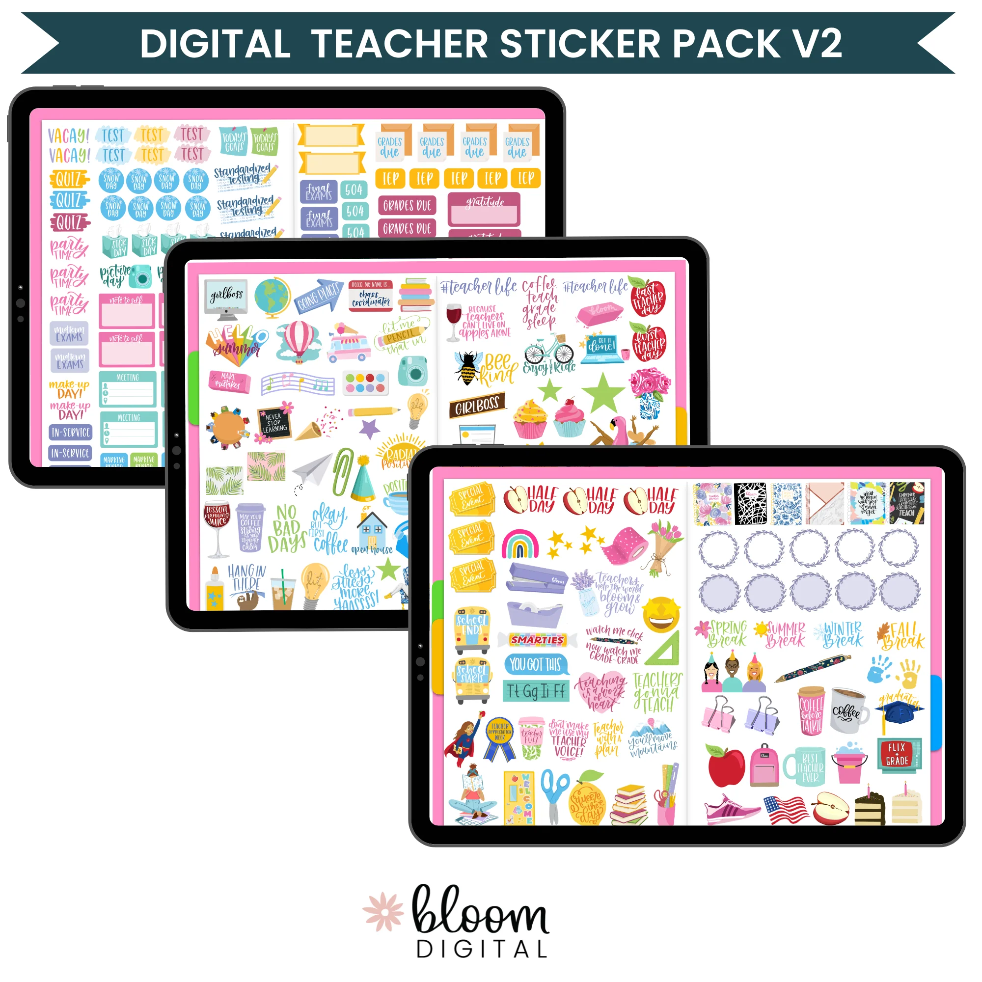 Digital Planner Stickers, Teacher Pack, Bright