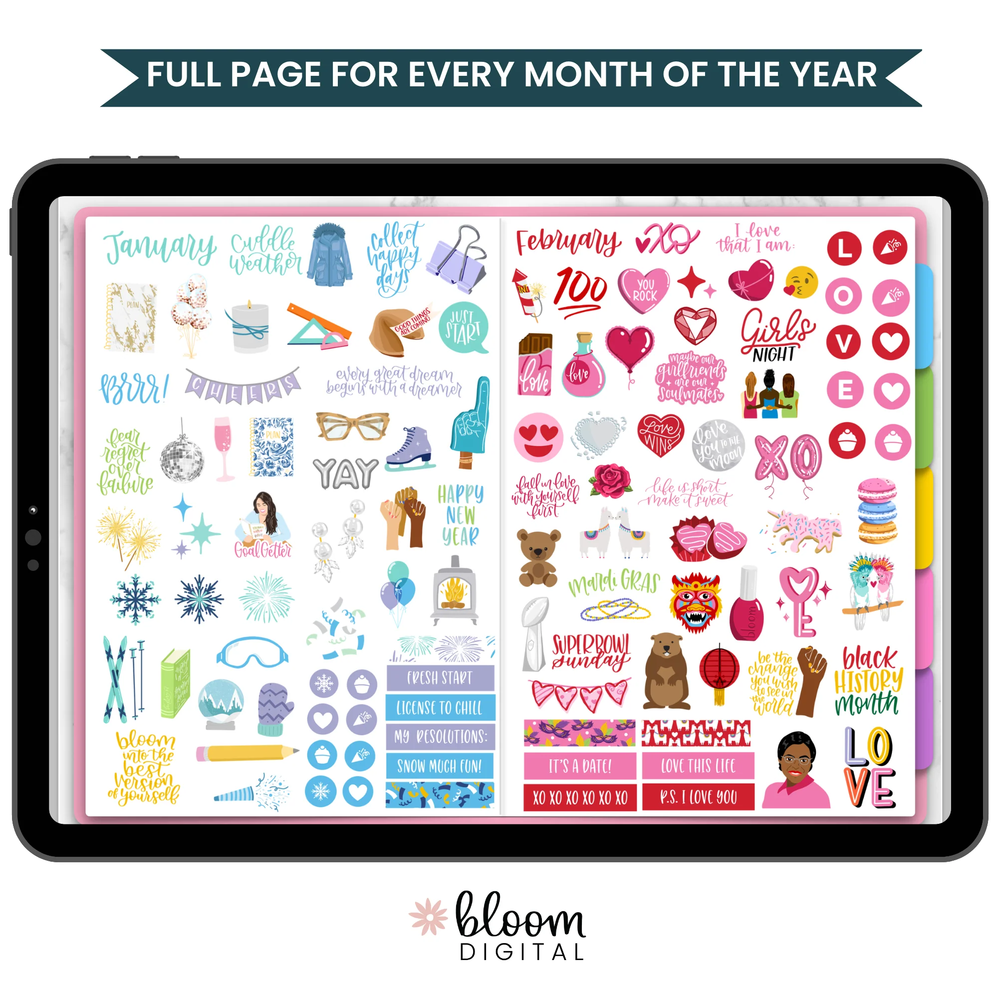 Digital Planner Stickers, Monthly Celebrations, Bright