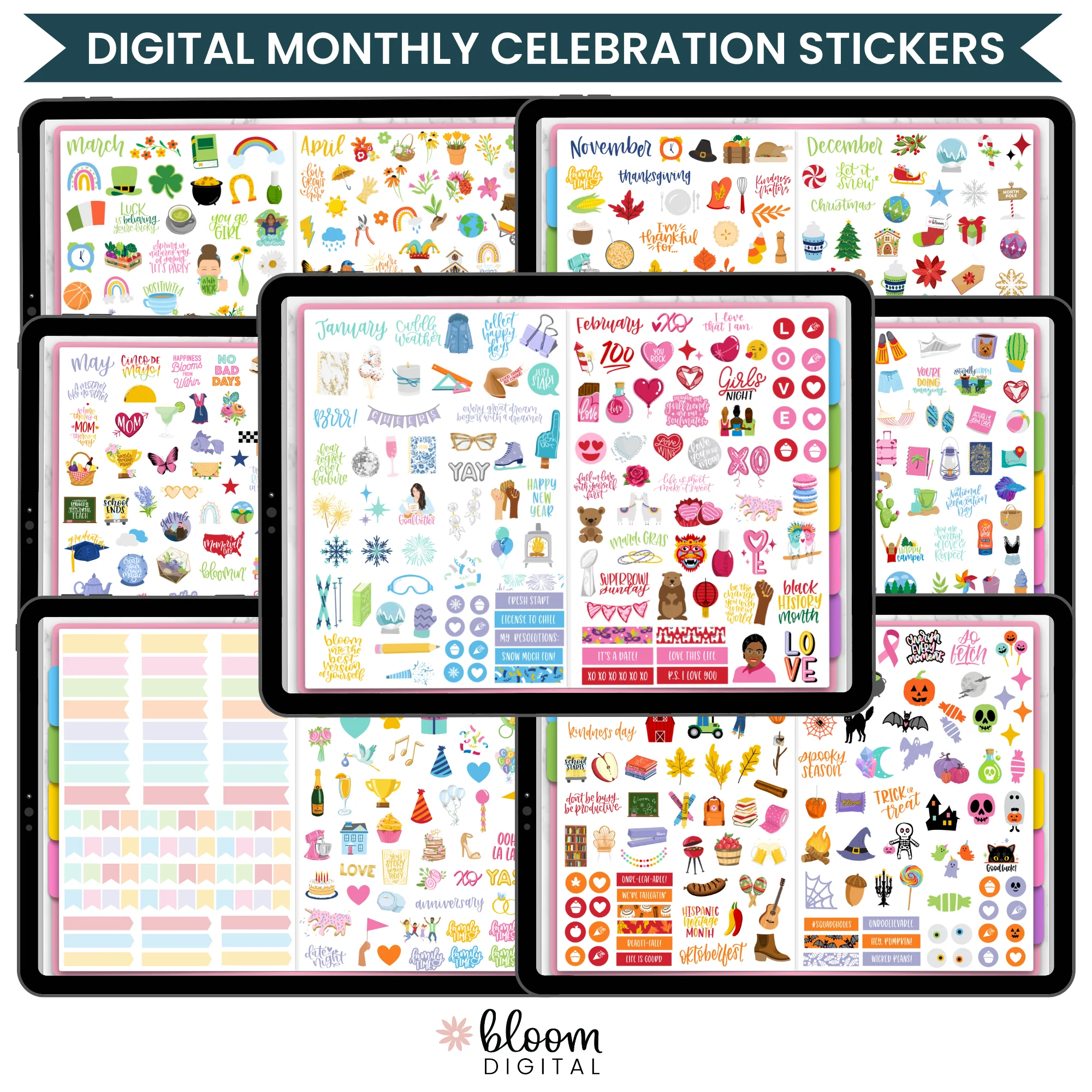 Digital Planner Stickers, Monthly Celebrations, Bright