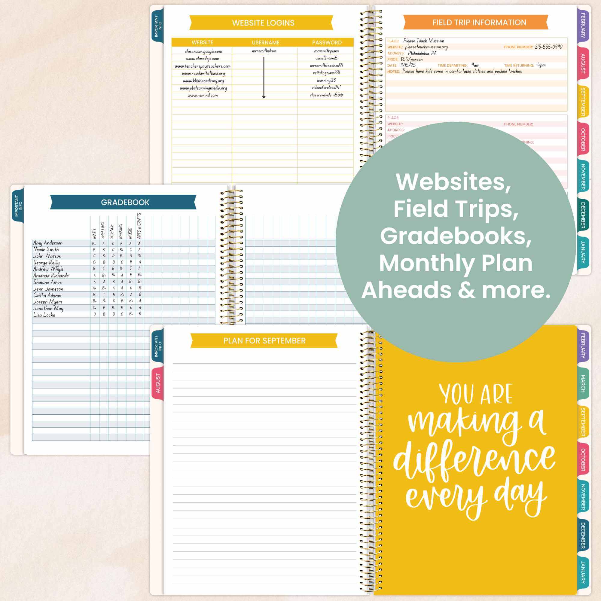 DATED 2025-26 Teacher Planner & Calendar, Interchangeable Cover, Bold & Bright