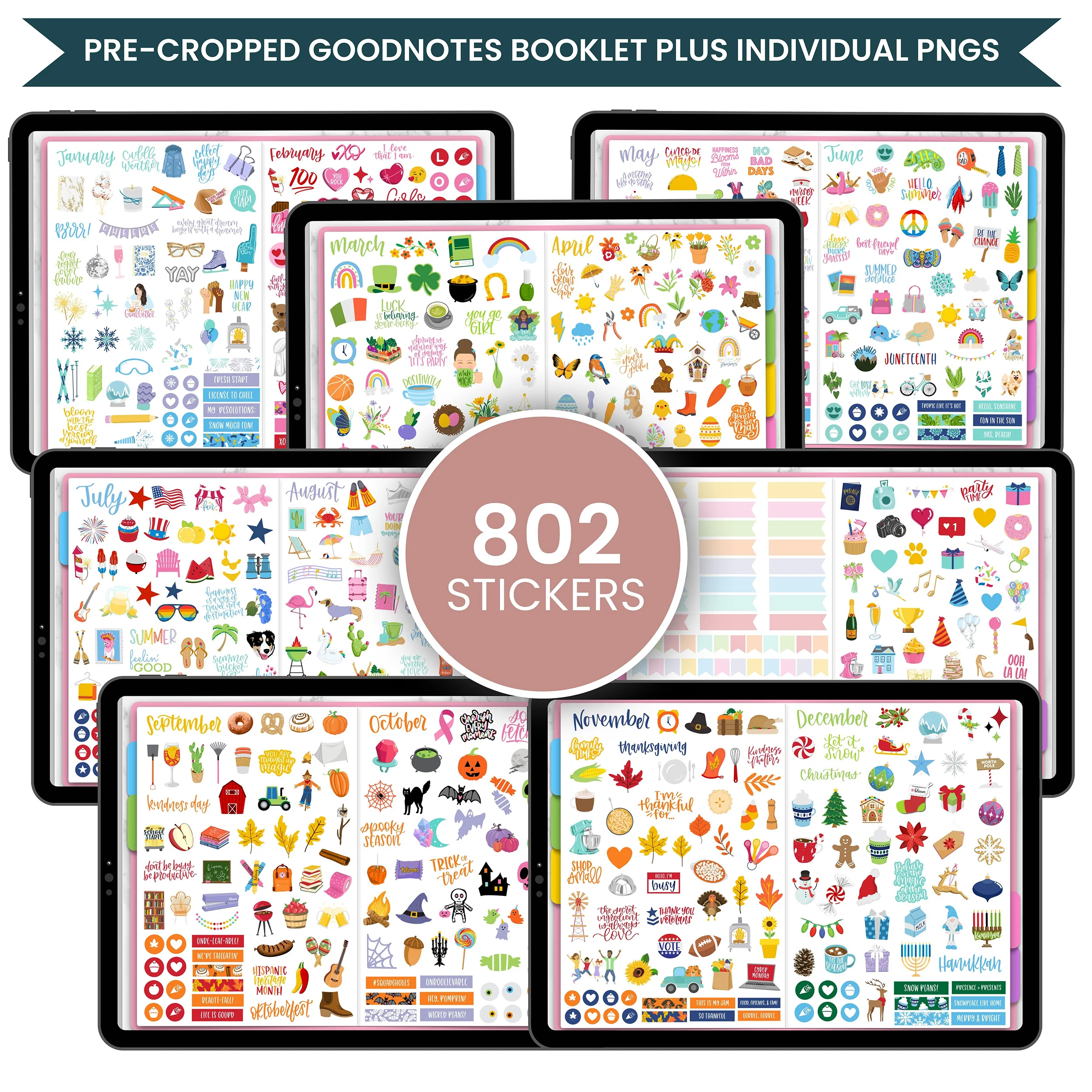 Digital Planner Stickers, Monthly Celebrations, Bright