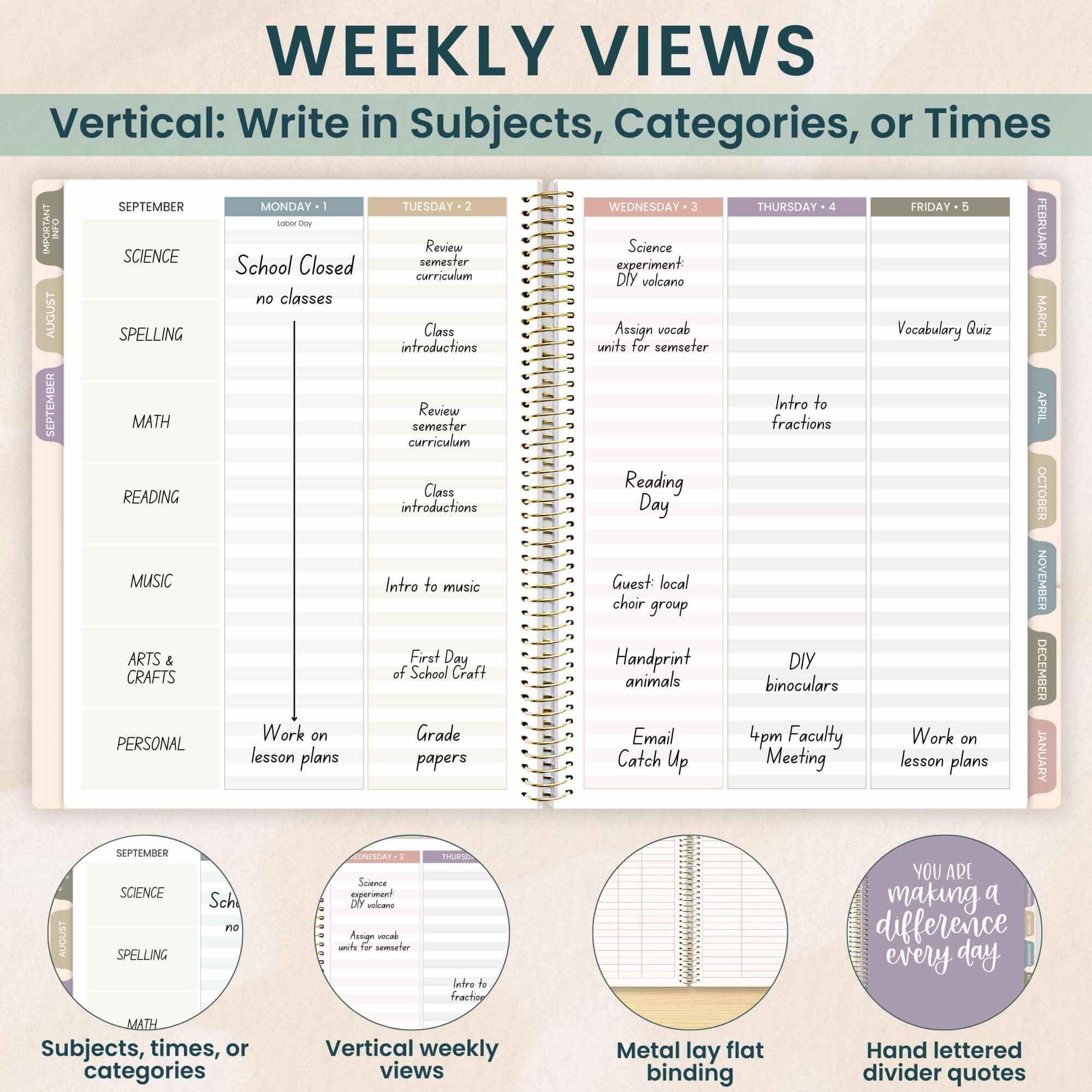 DATED 2025-26 Teacher Planner & Calendar, Interchangeable Cover, Cool Tones