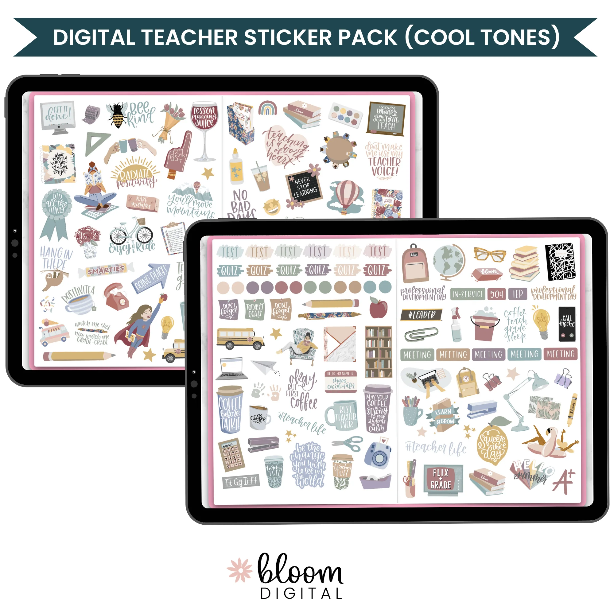 Digital Planner Stickers, Teacher Pack, Cool Tones