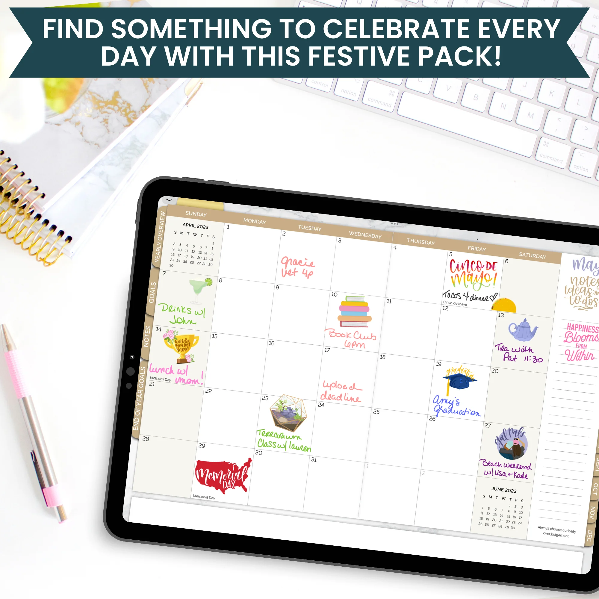Digital Planner Stickers, Monthly Celebrations, Bright