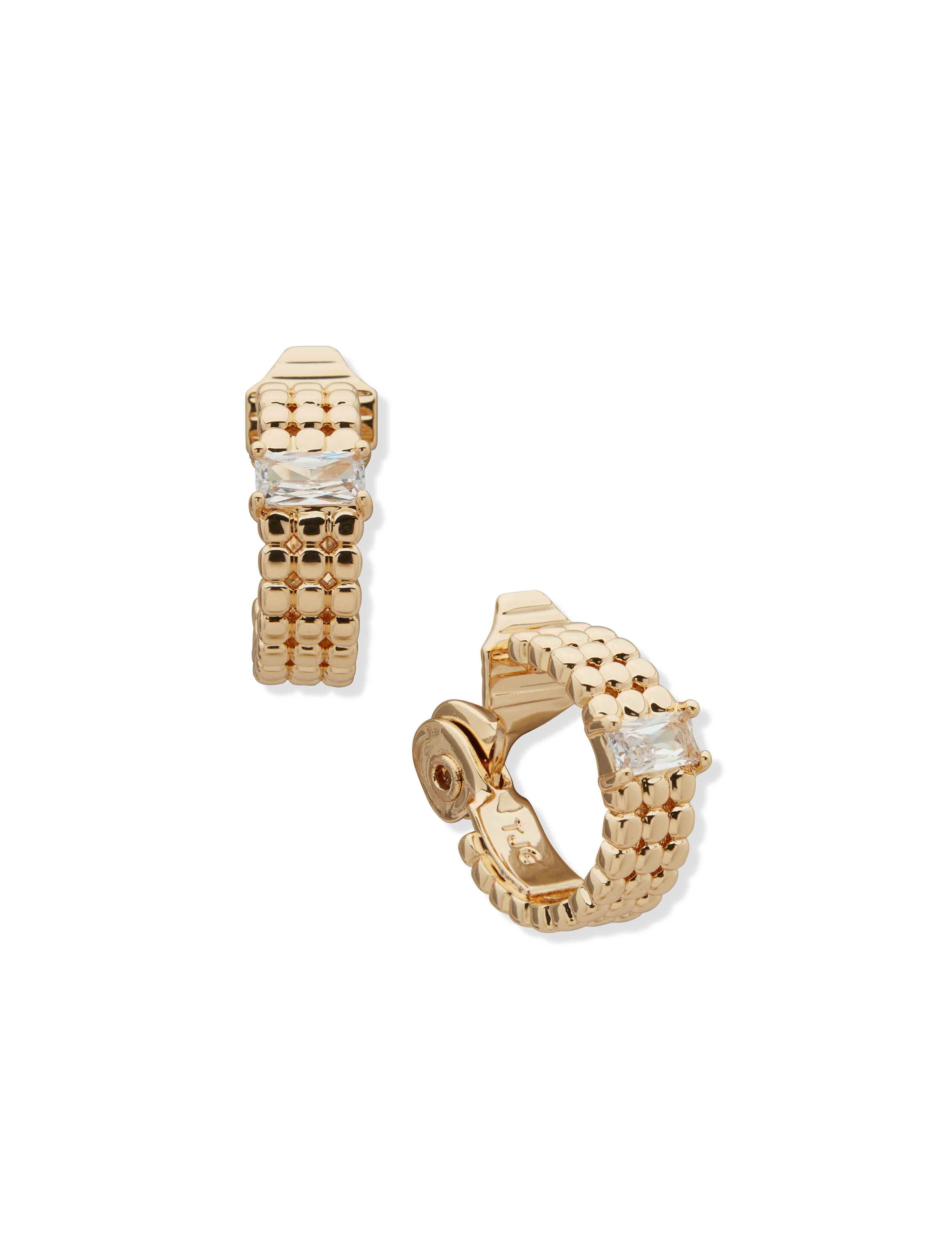 Baguette Stone and Gold Huggie Earrings