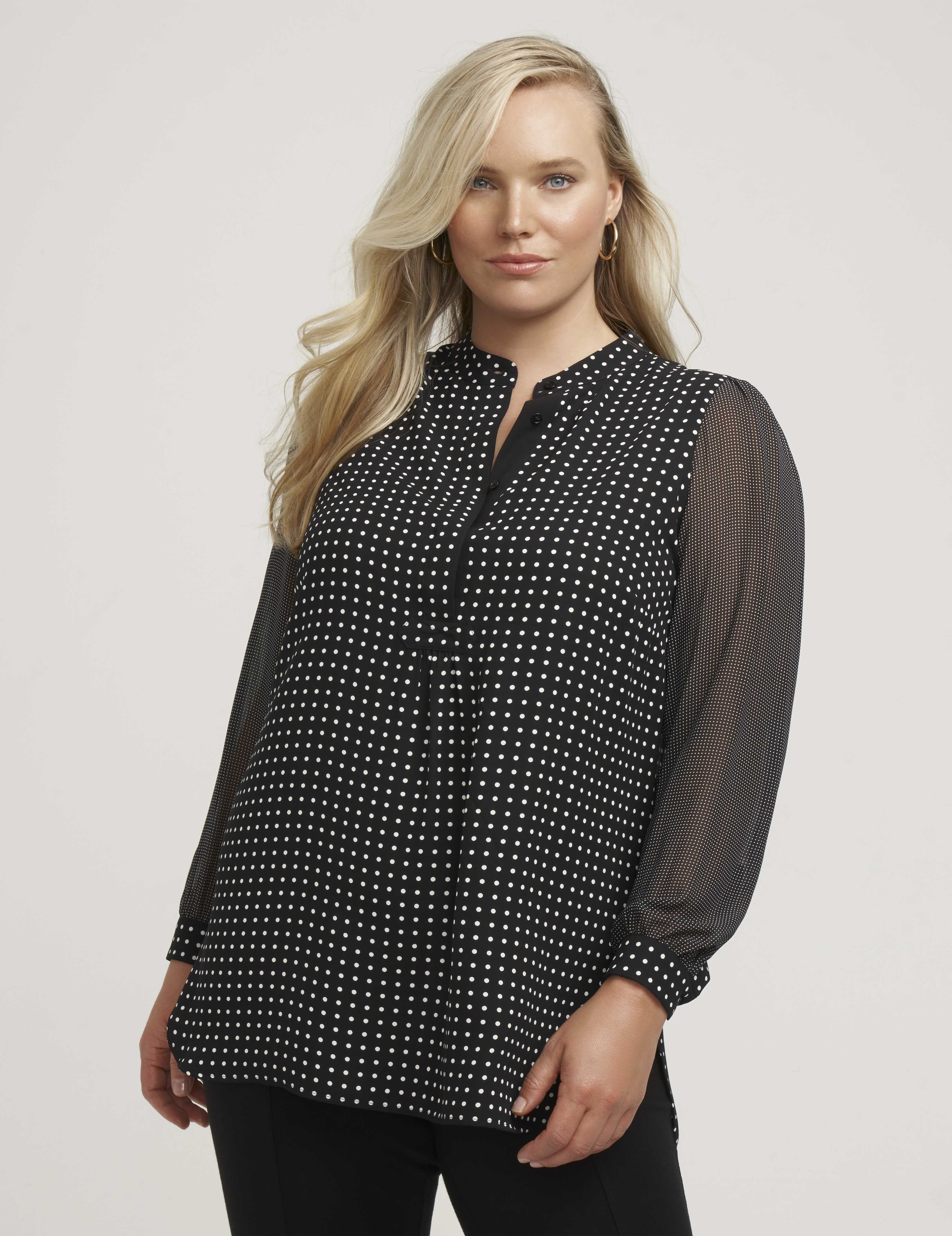 Plus Size Combo Sleeve Dot Print Poet Blouse