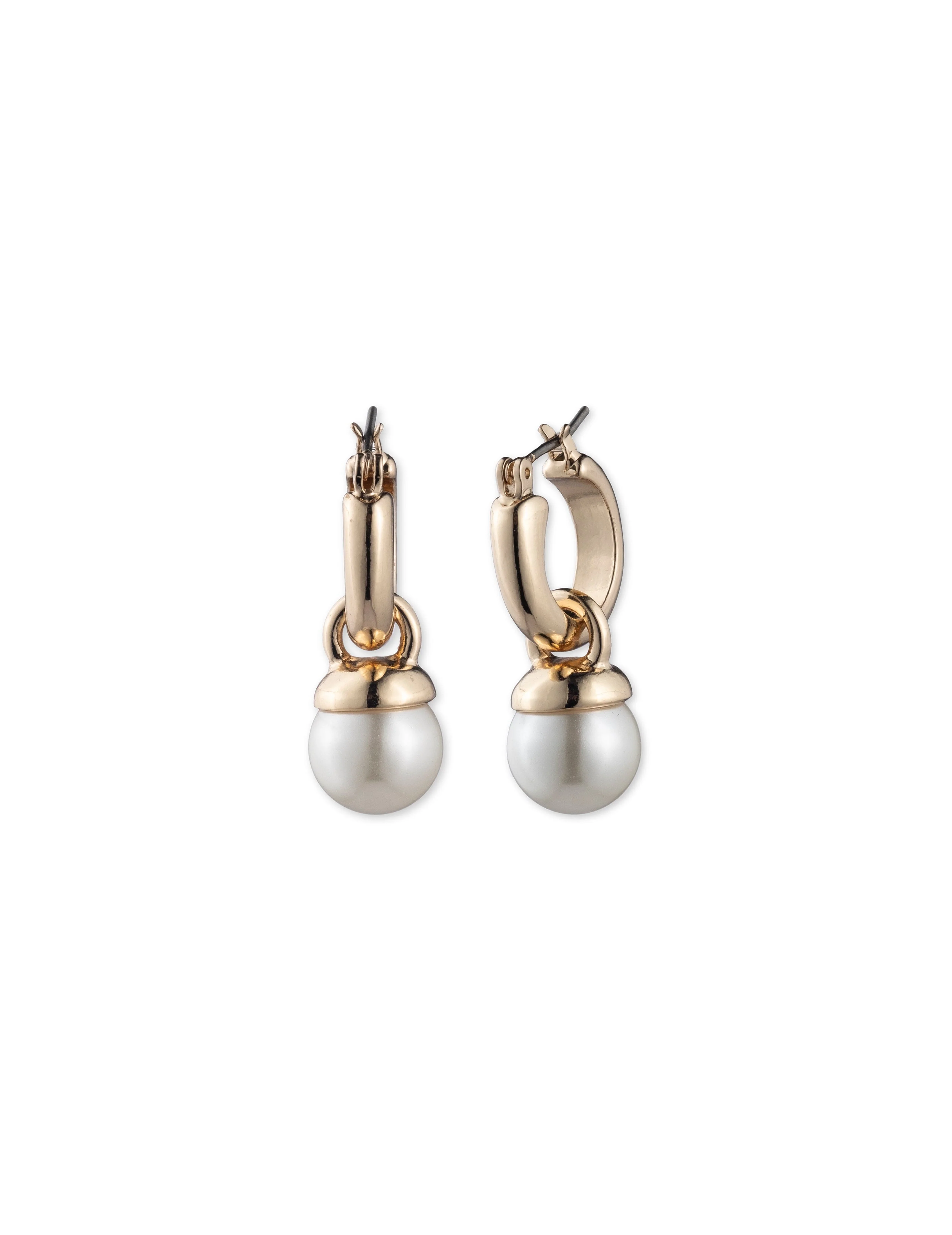 Gold-Tone Blanc Faux Pearl Drop Hoop Earrings
