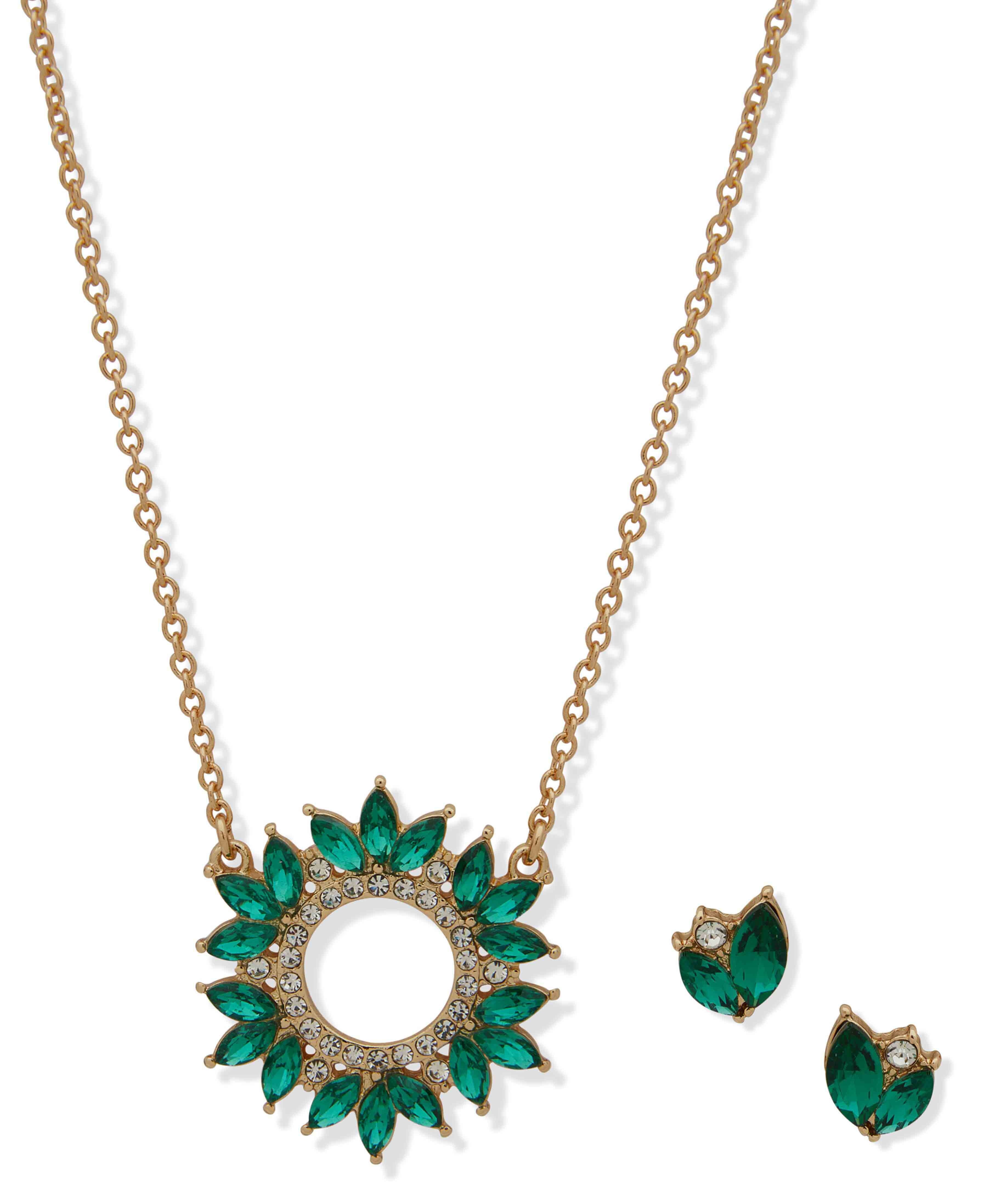 Cluster Pendant Necklace/Earring Set - Emerald