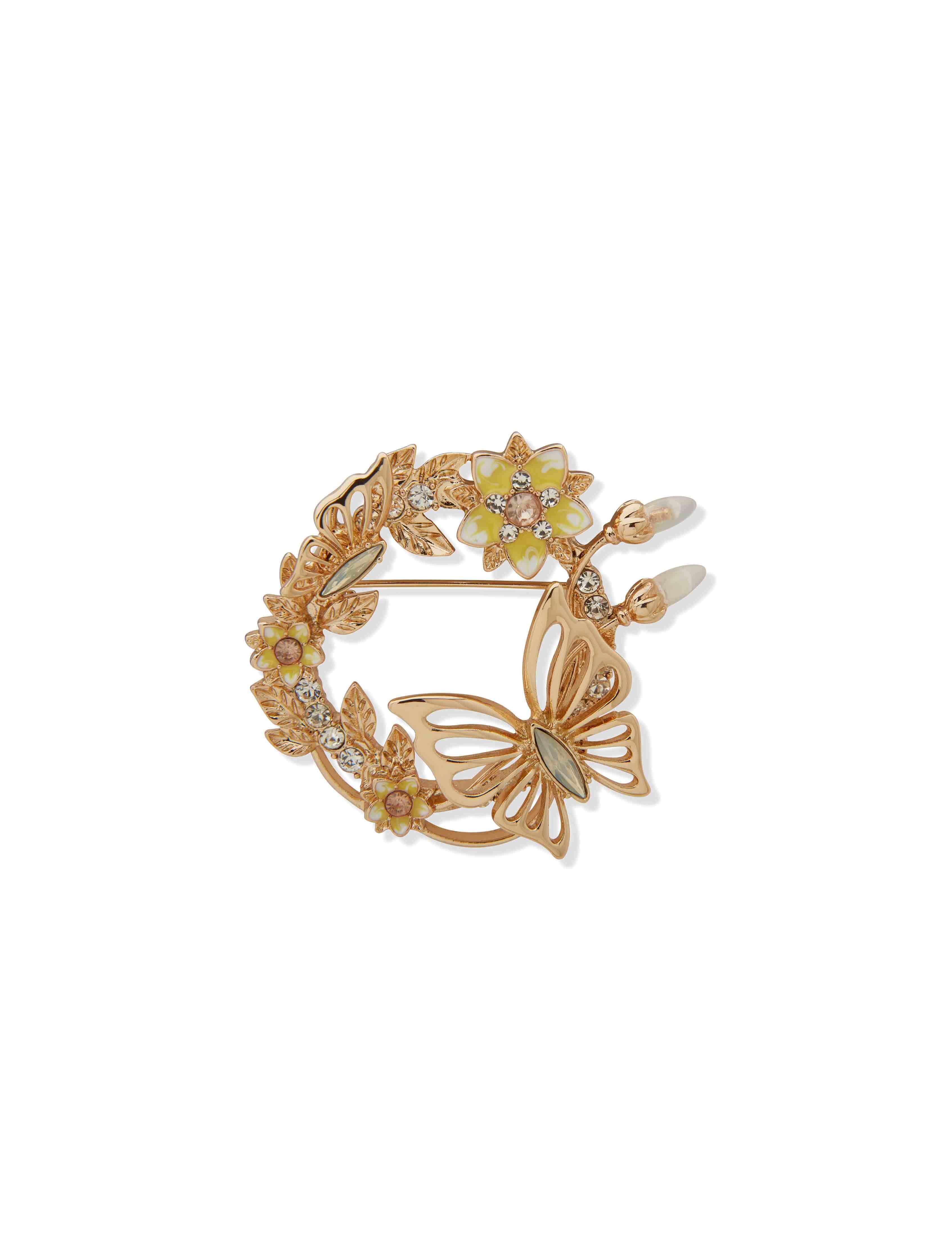 Flowers & Butterflies Wreath Pin - White
