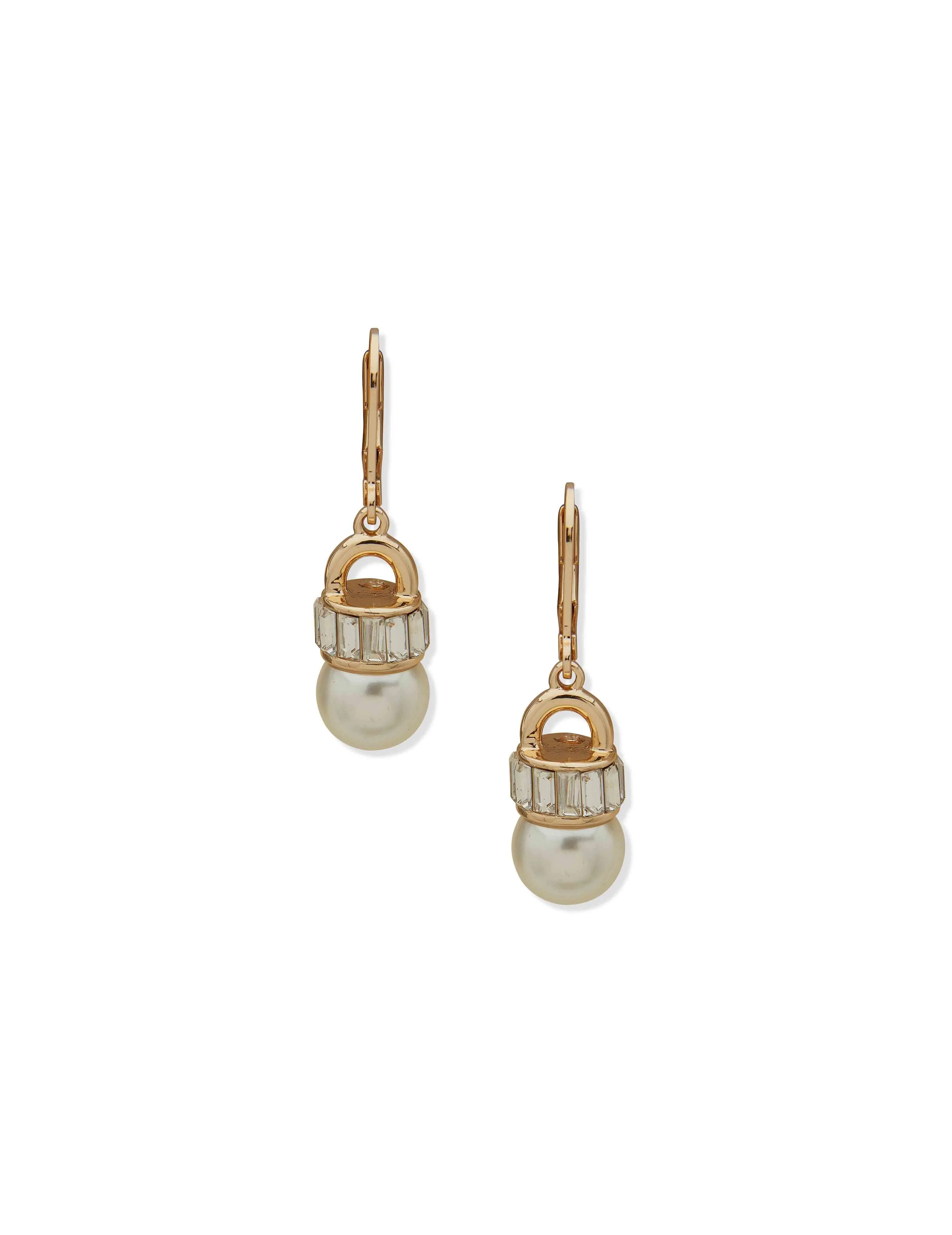 Faux Pearl & Stone Baguette Leverback Drop Earrings