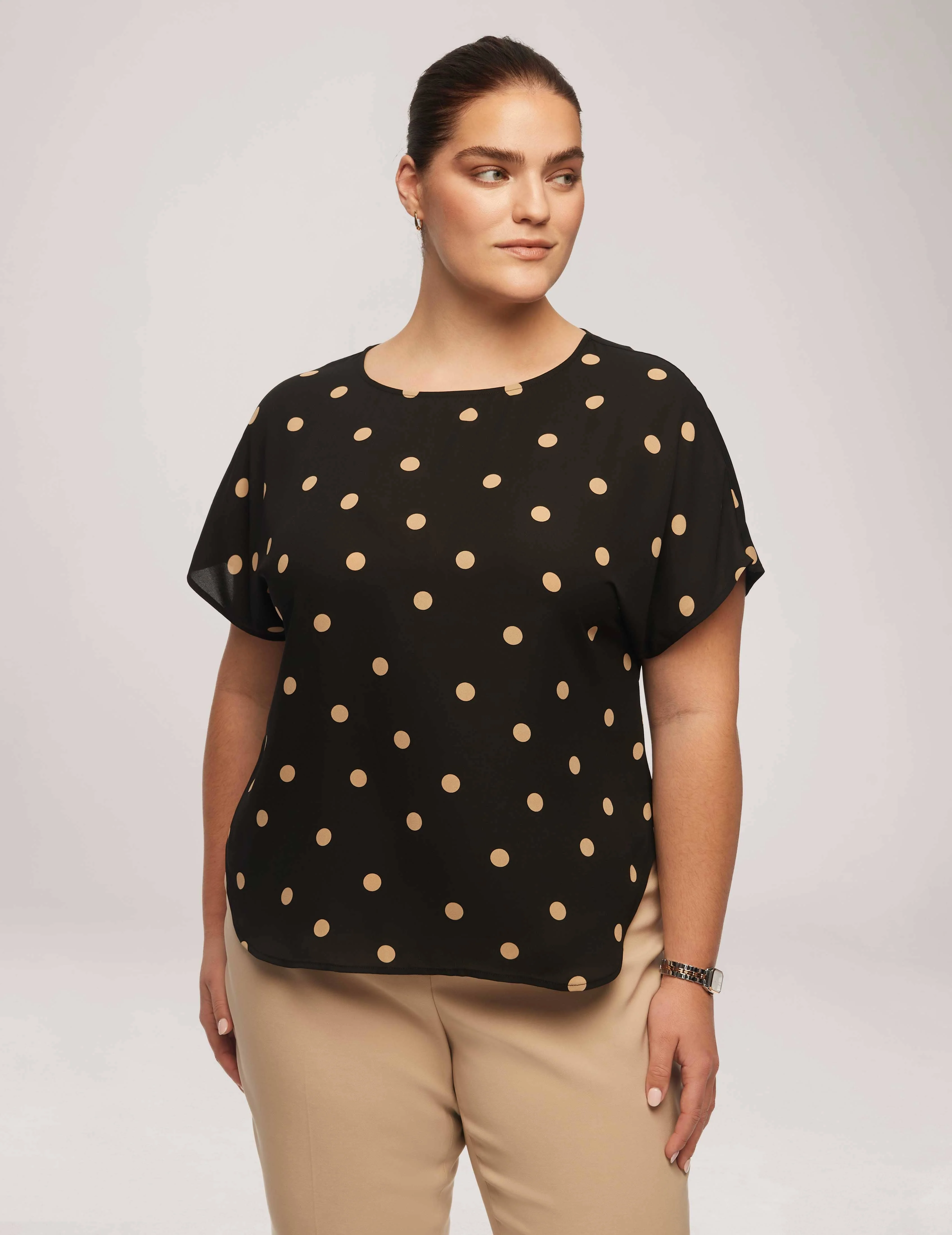 Plus Size Large Dot Bateau Neck Short Sleeve Blouse