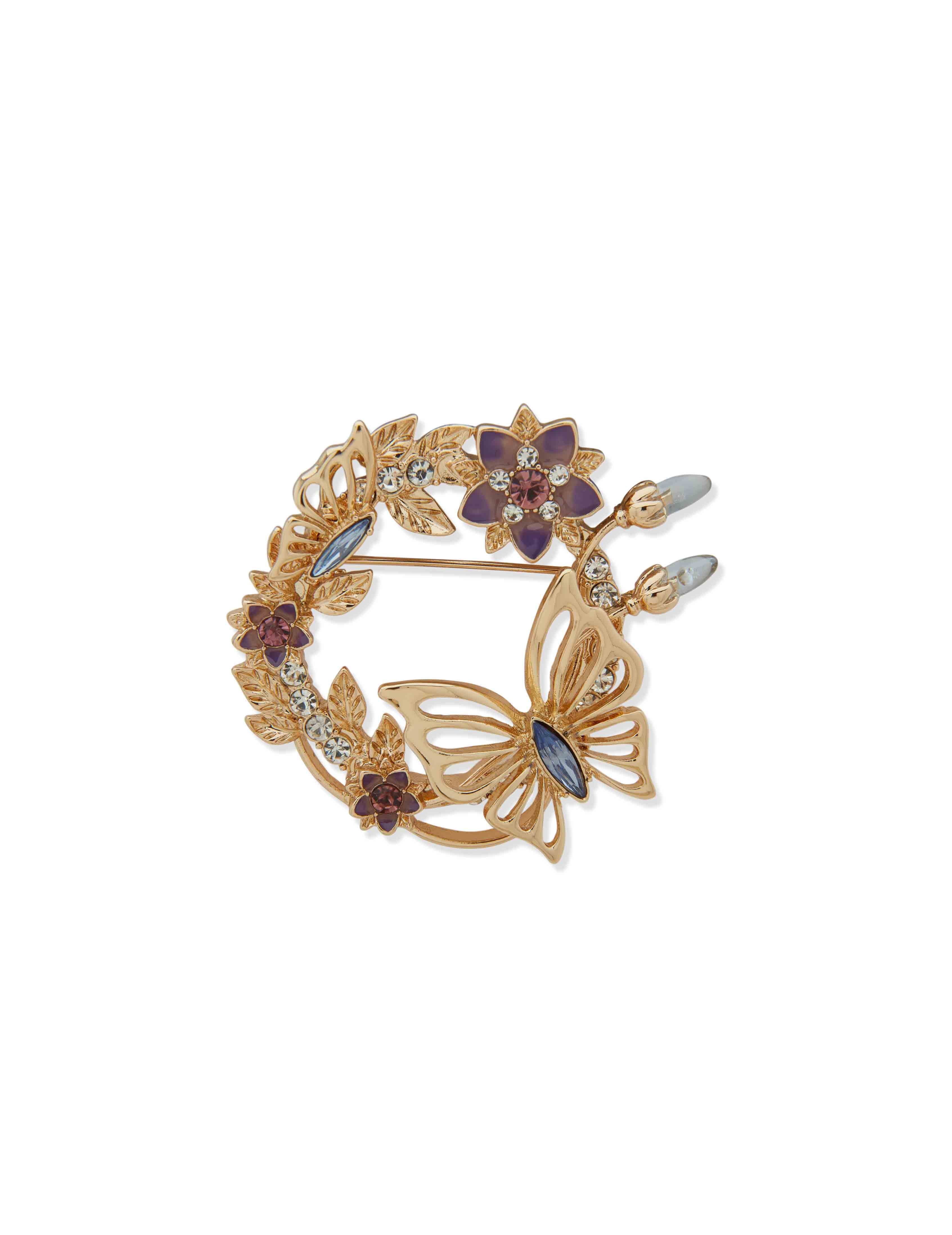 Flowers & Butterflies Wreath Pin - Purple