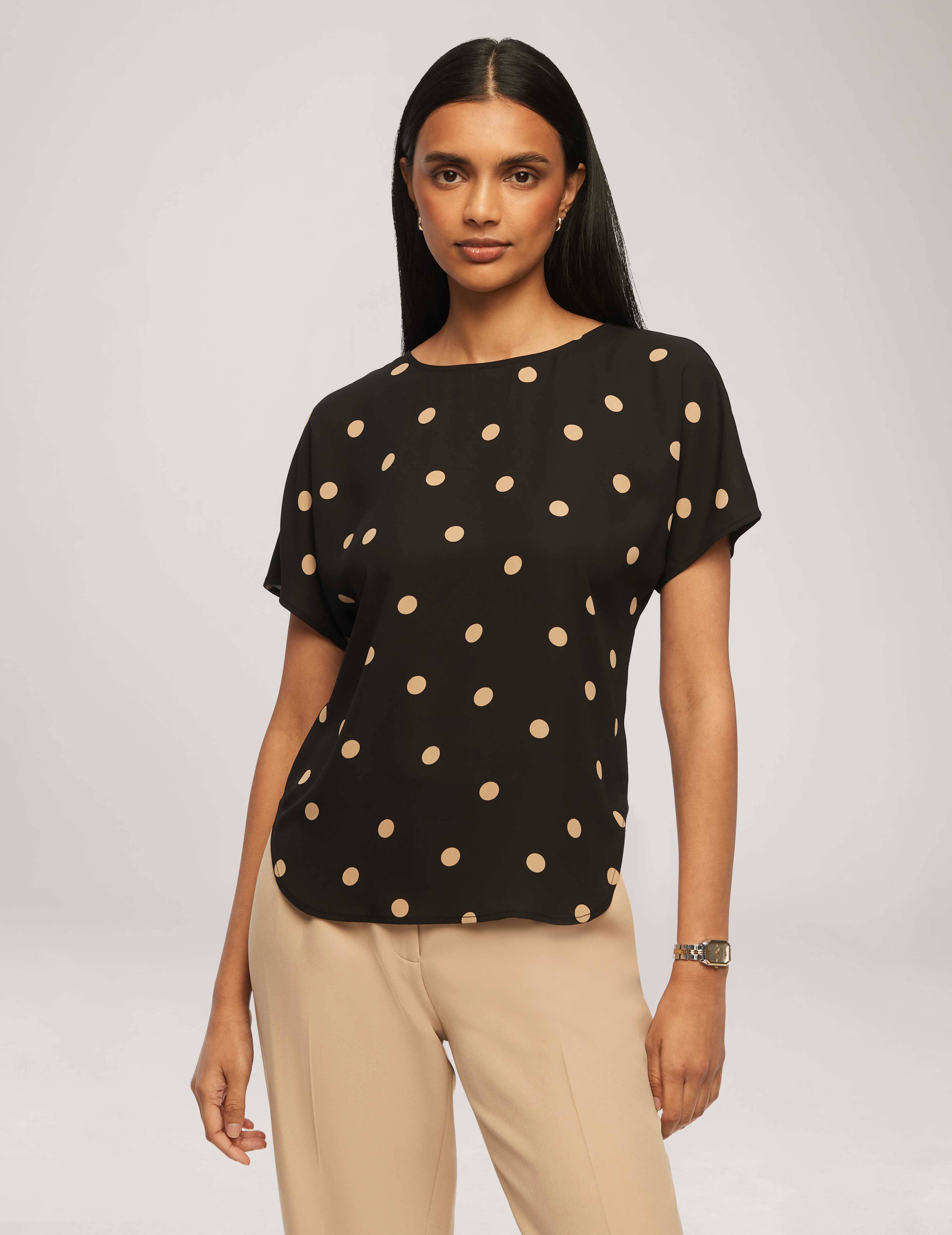 Large Dot Bateau Neck Short Sleeve Blouse