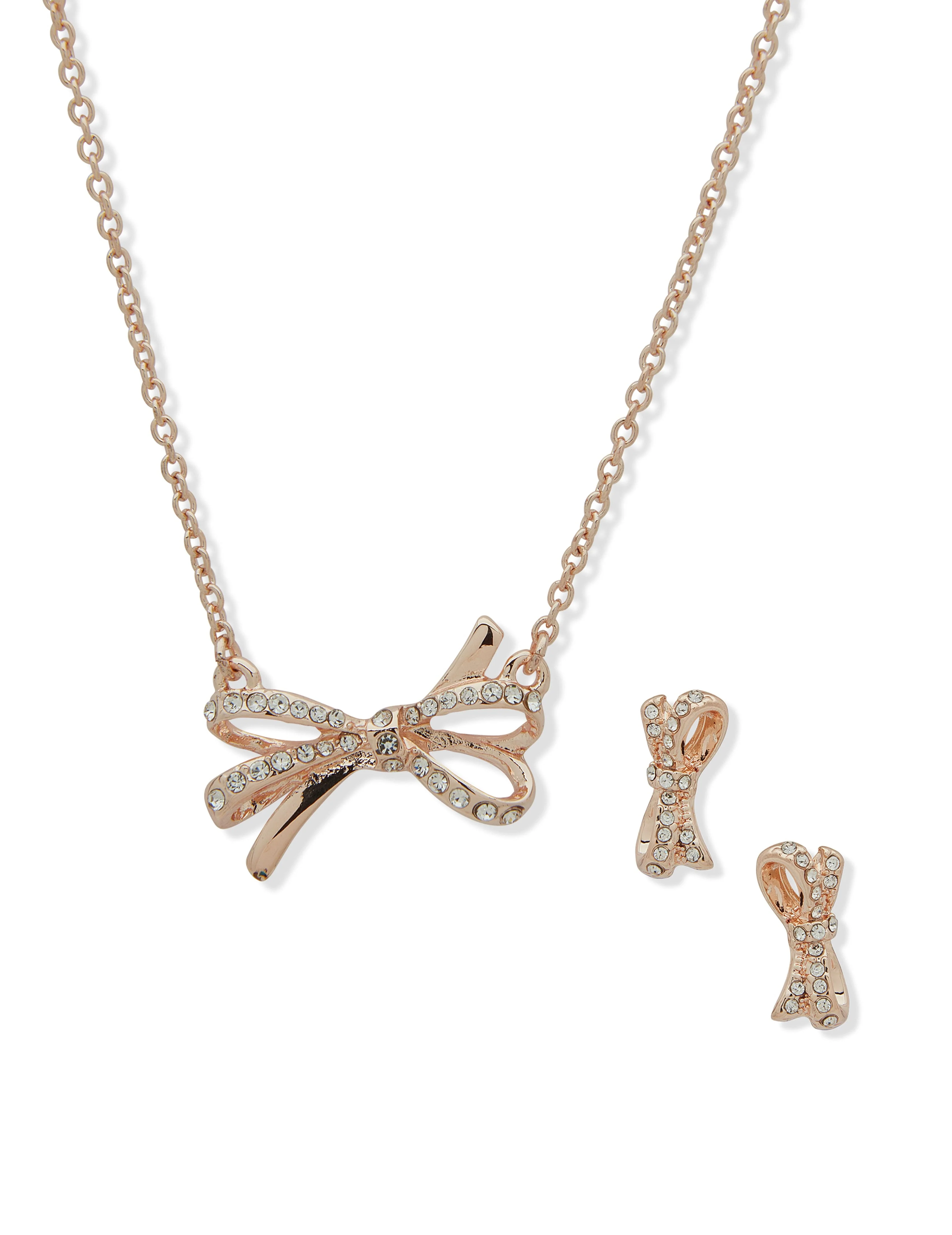 Rose Gold Bow Necklace and Earring Set in Pouch