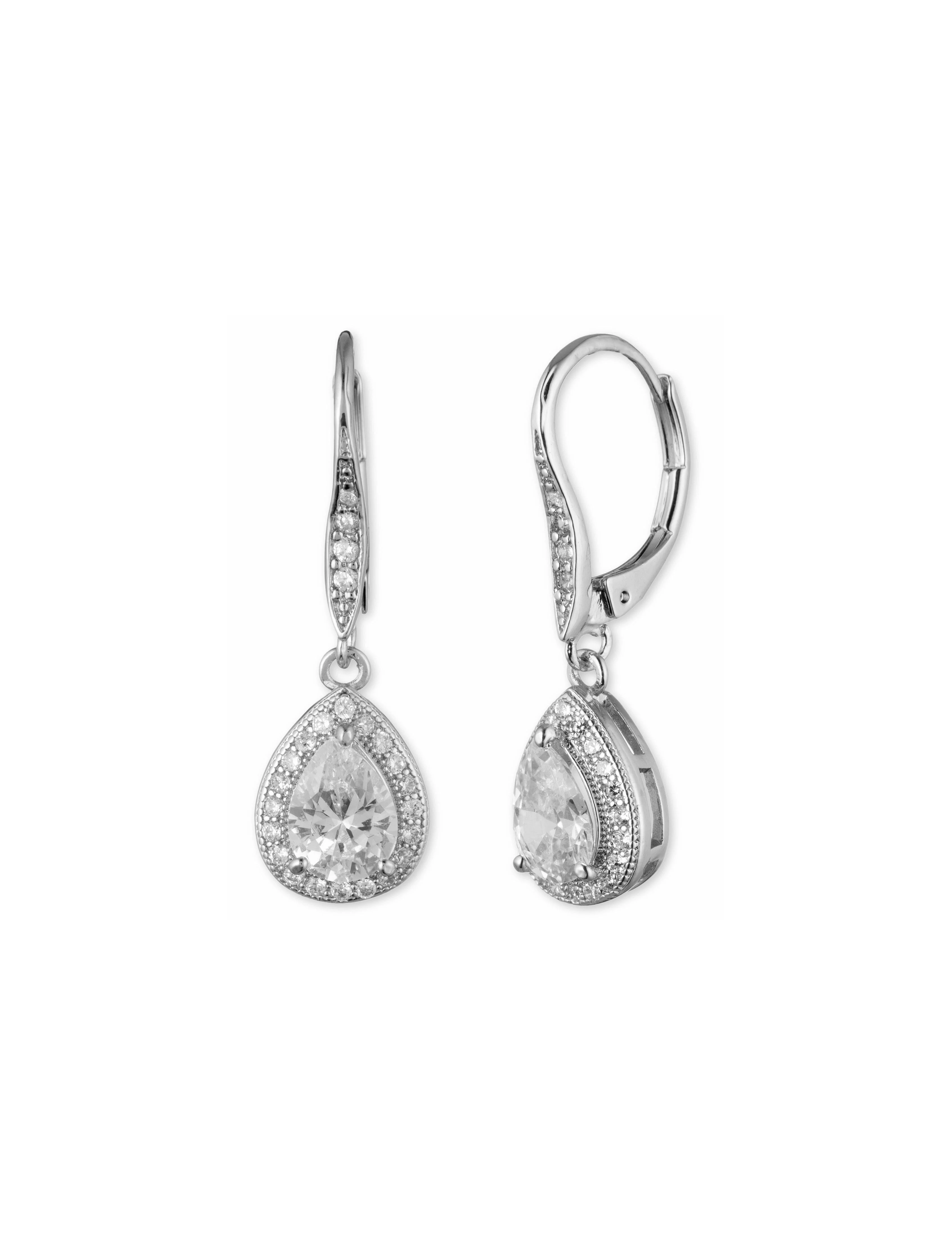 Silver CZ Pear Eurowire Drop Earrings