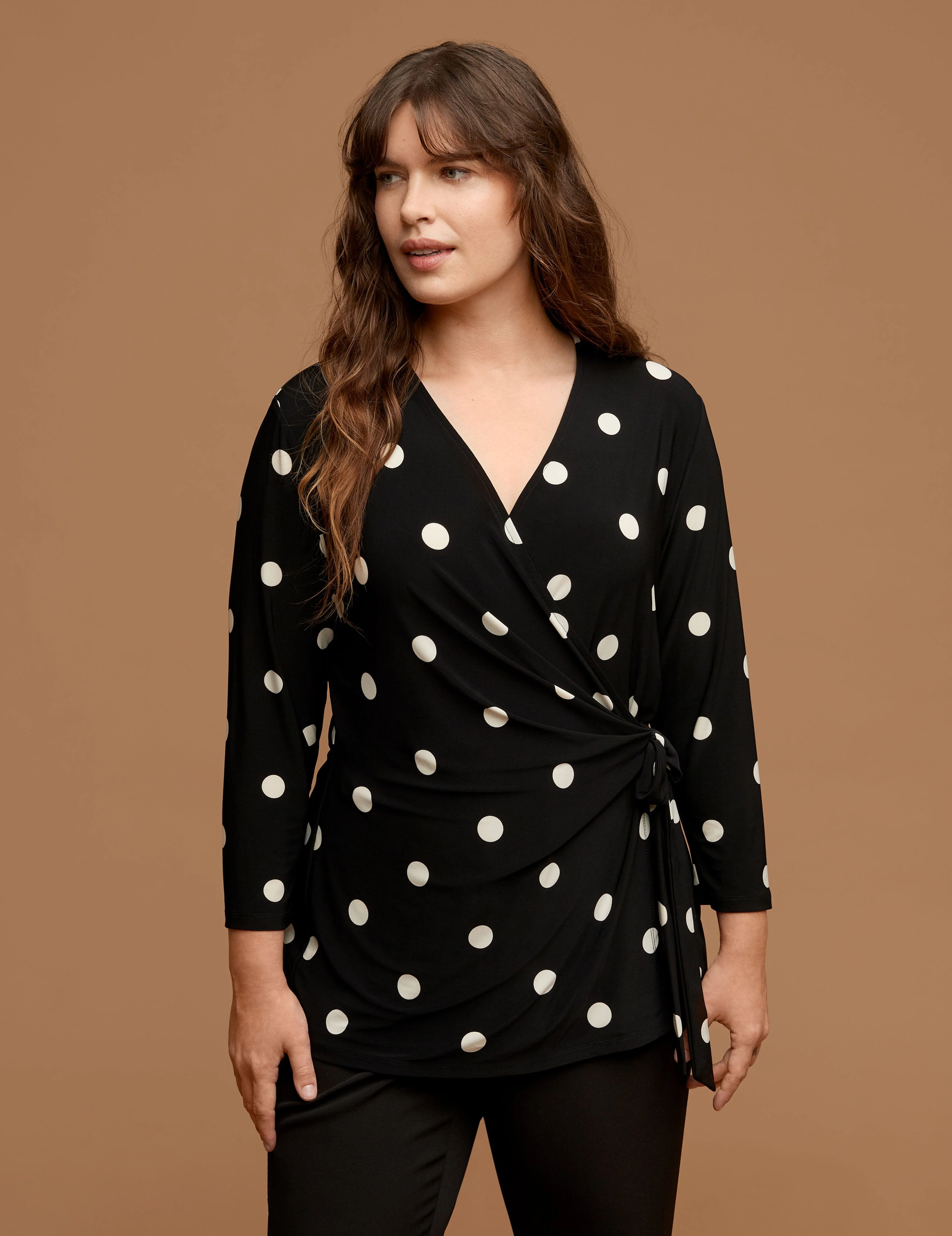 Plus Size Sutton Dot Printed Ity 3/4 Slv Faux Wrap Top
