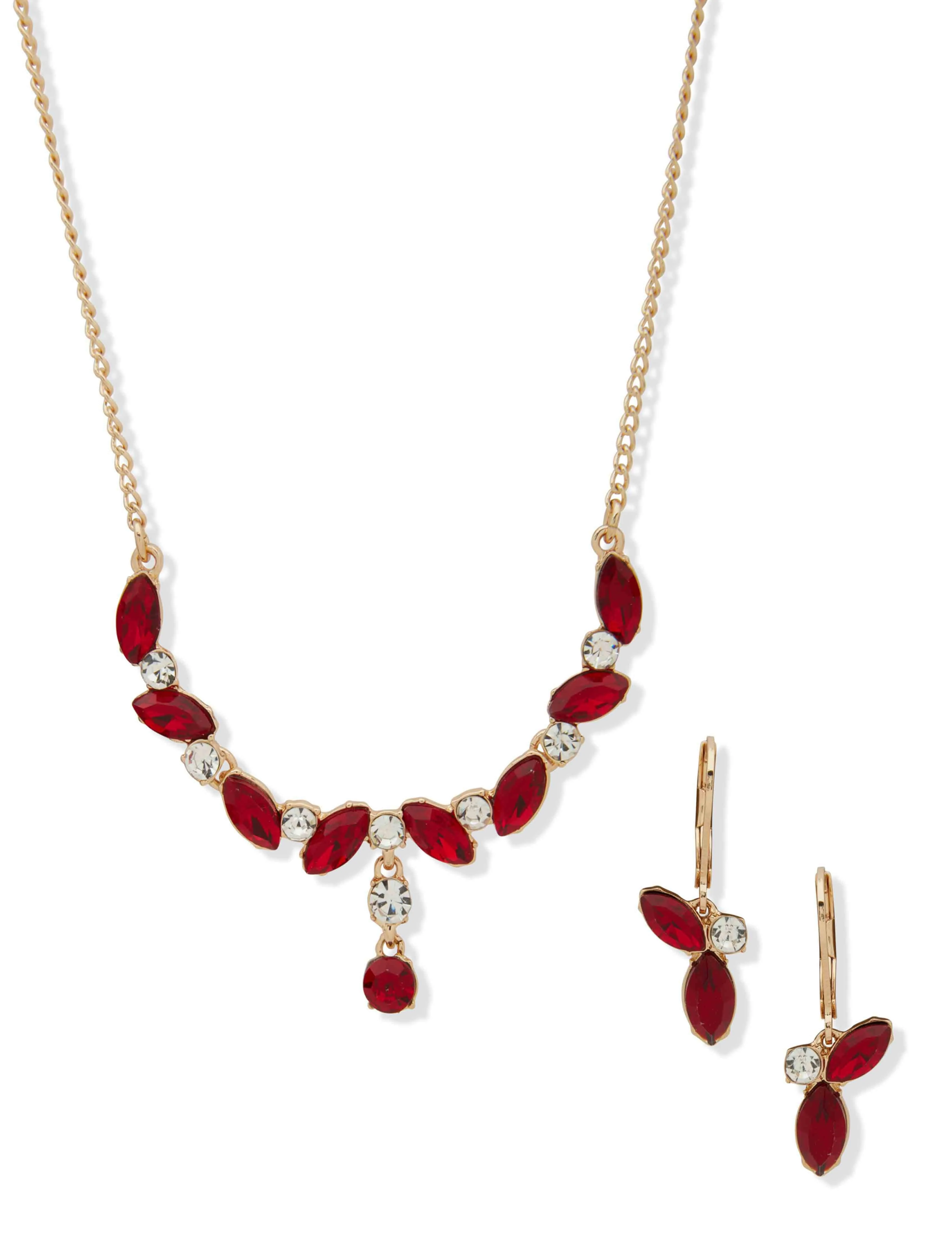 Navette Stone Necklace/Earring Set - Siam