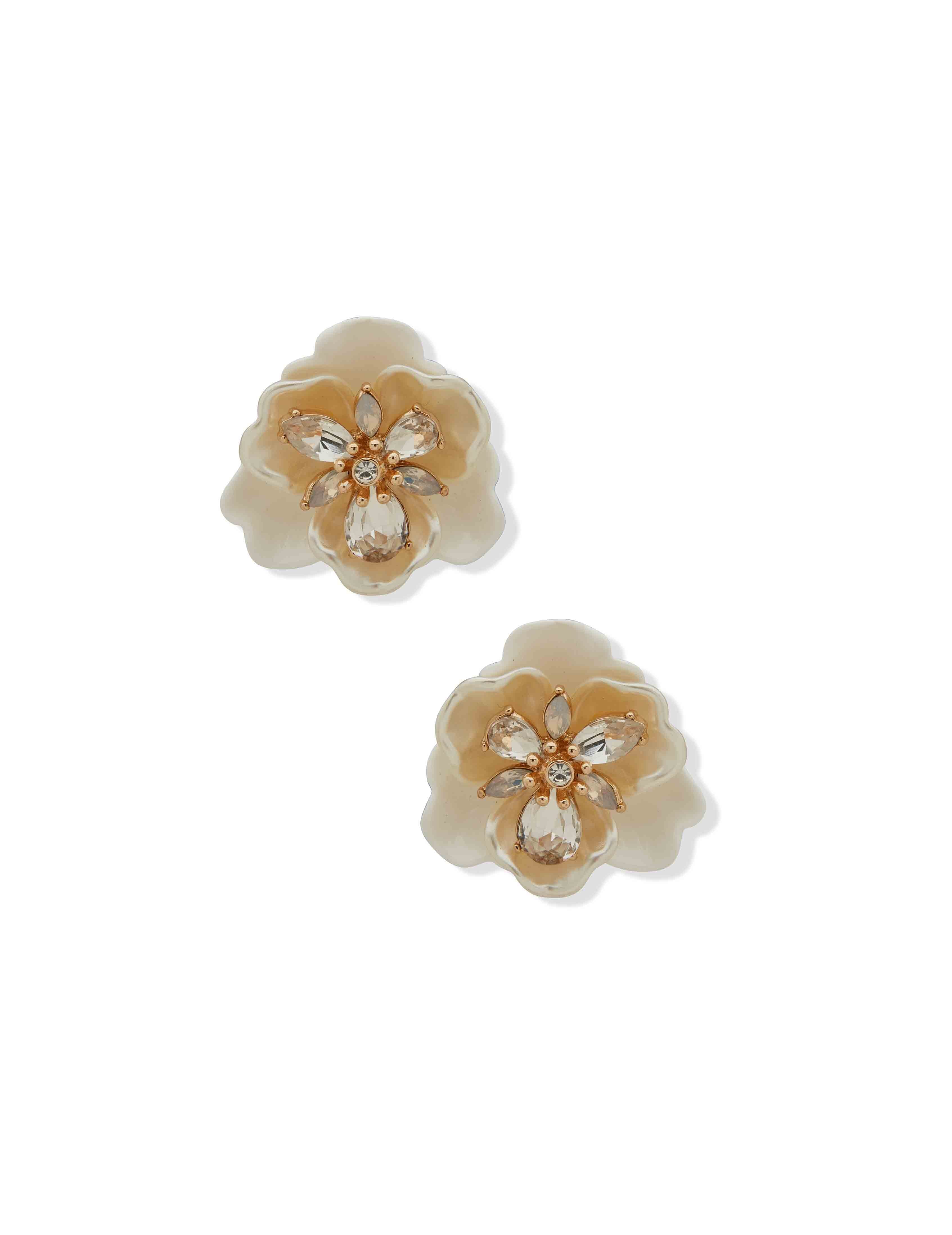 Clipped Flower Button Earring - White Crystal