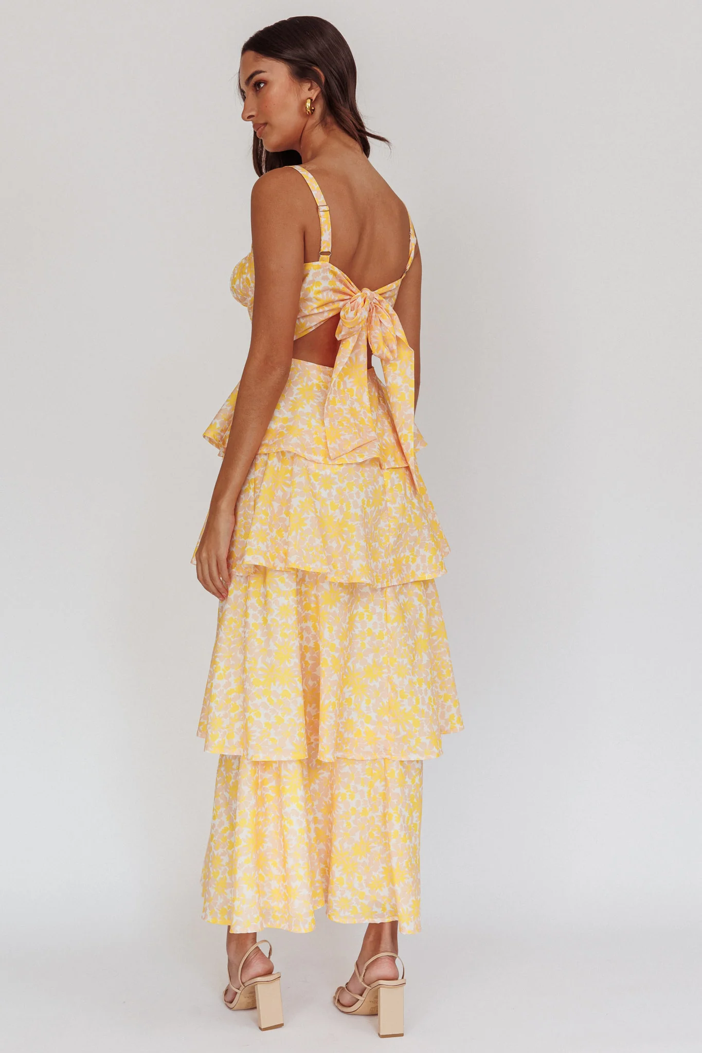 Provence Bloom Tiered Ruffle Floral Maxi Dress Yellow
