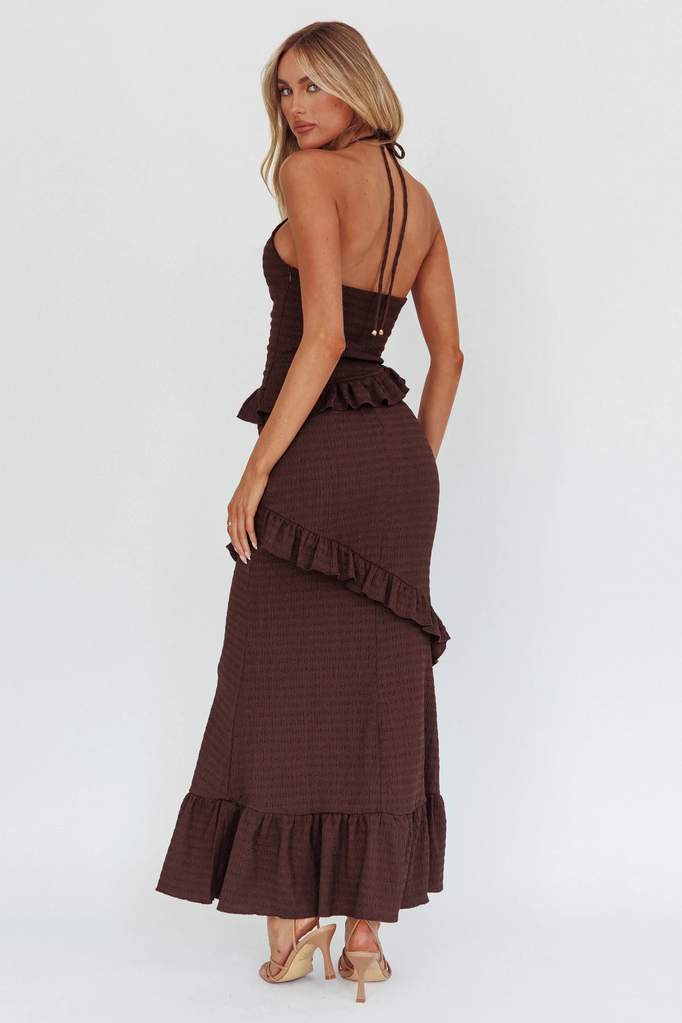 Clemence Smocked Frill Trim Maxi Dress Chocolate
