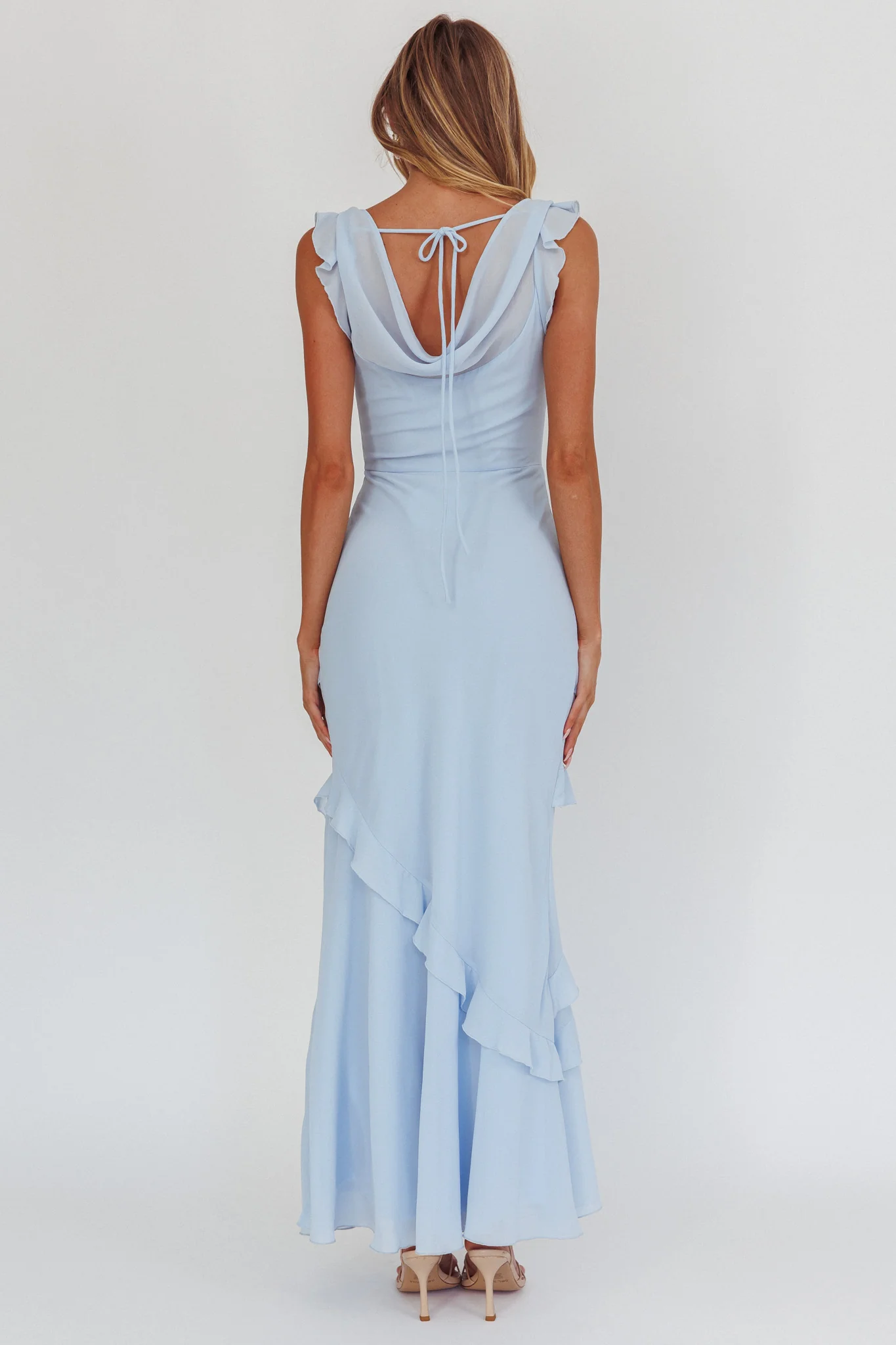 Sangria Cowl Neck Frill Maxi Dress Blue