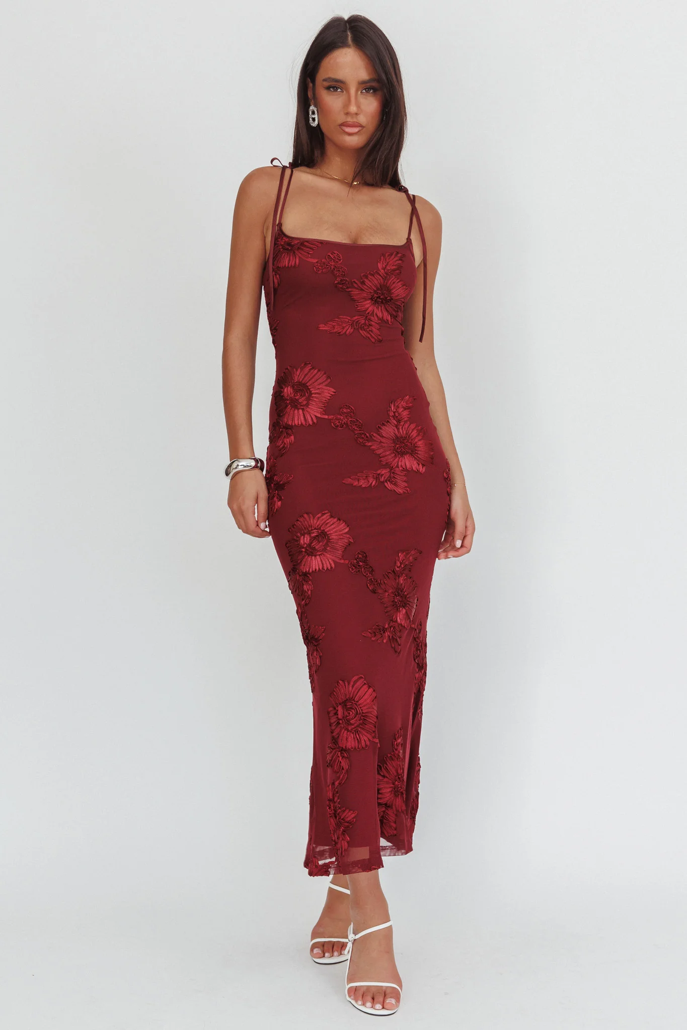 Kaela Tied Shoulder Maxi Dress Embellished Wine