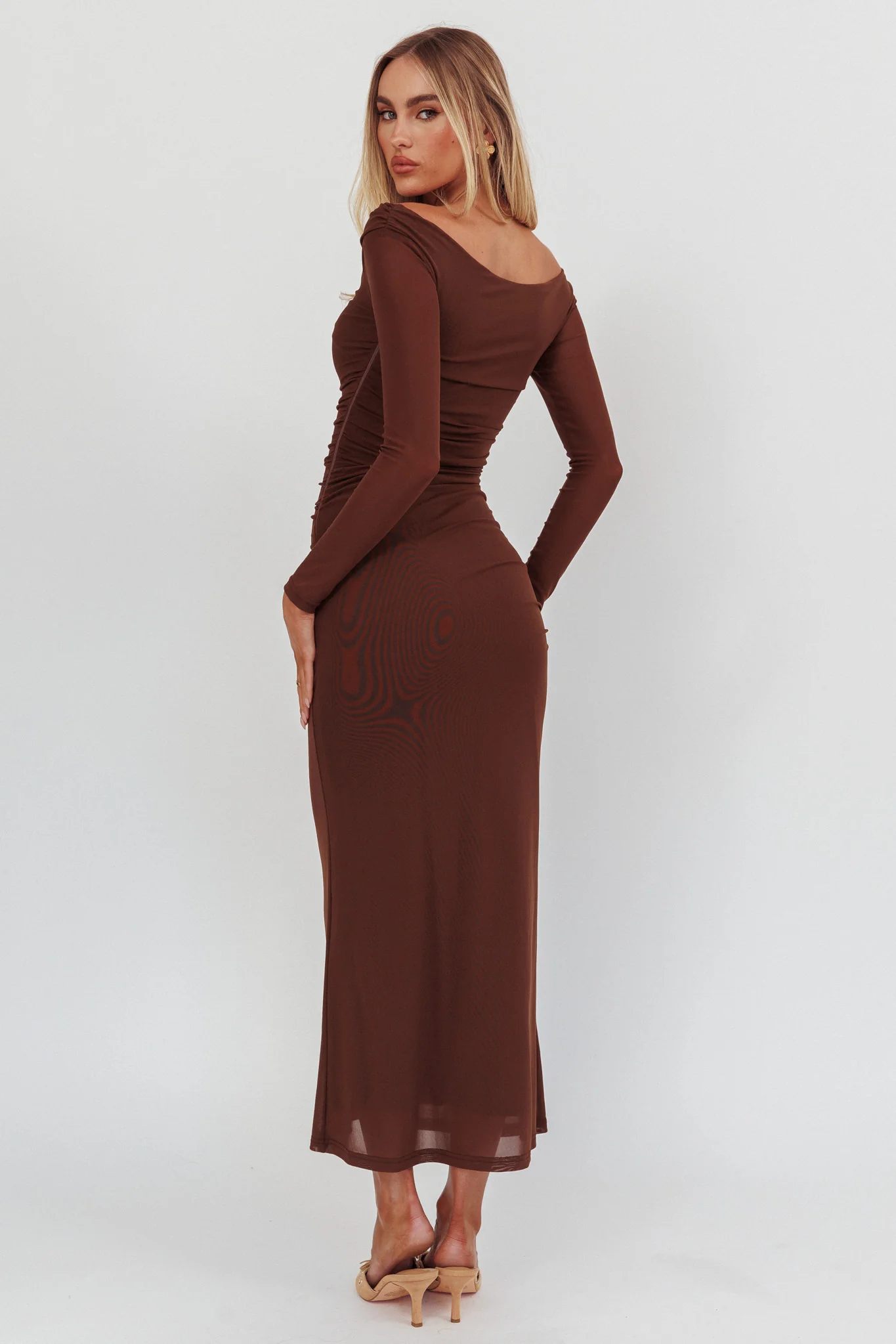 In Blooms Off Shoulder Mesh Maxi Dress Chocolate