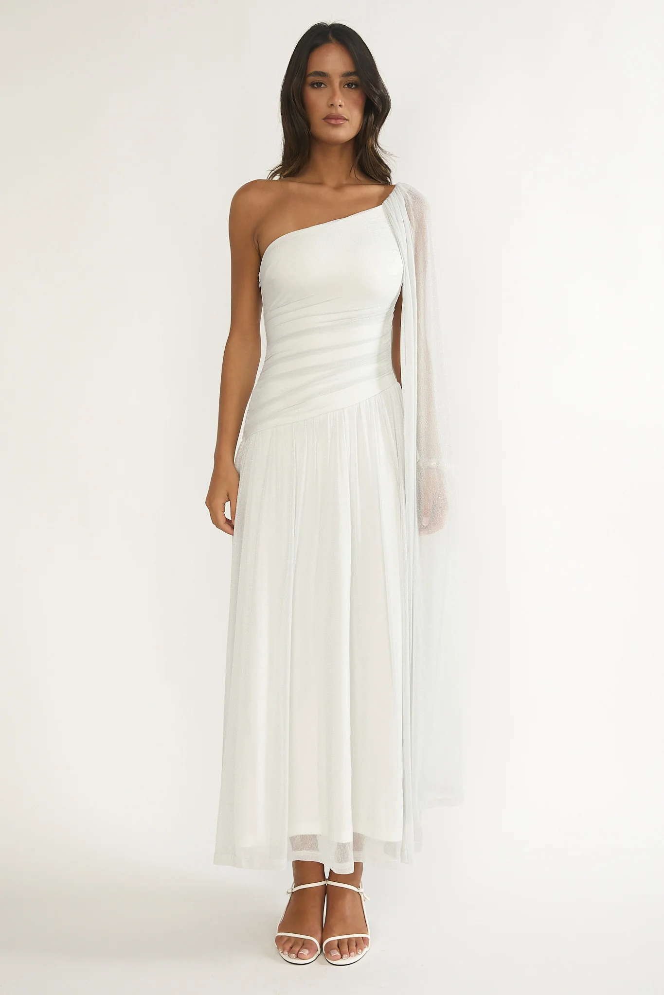 Zorina One-Shoulder Drape Maxi Dress Silver