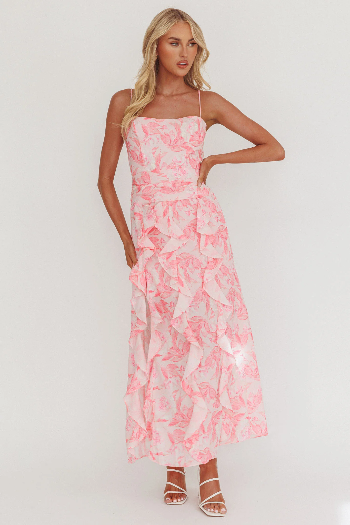 Serif Ruffle Trim Split Maxi Dress Pink