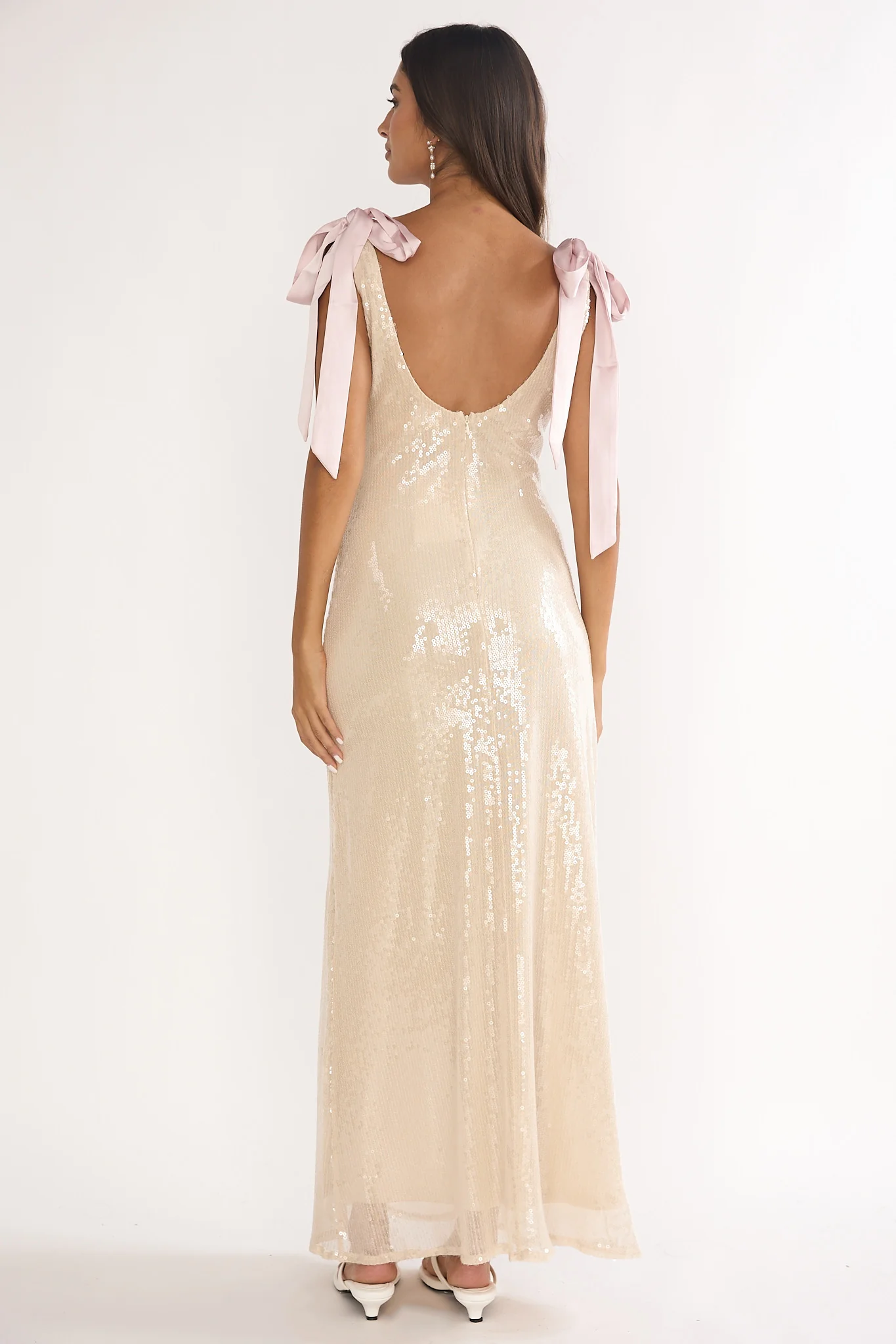 Bellamira Bow Shoulder Maxi Dress Sequin Champagne