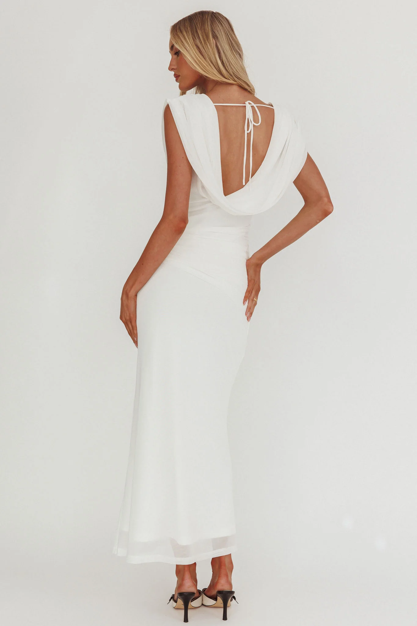 Virgo Season Draped Shoulder Maxi Dress White
