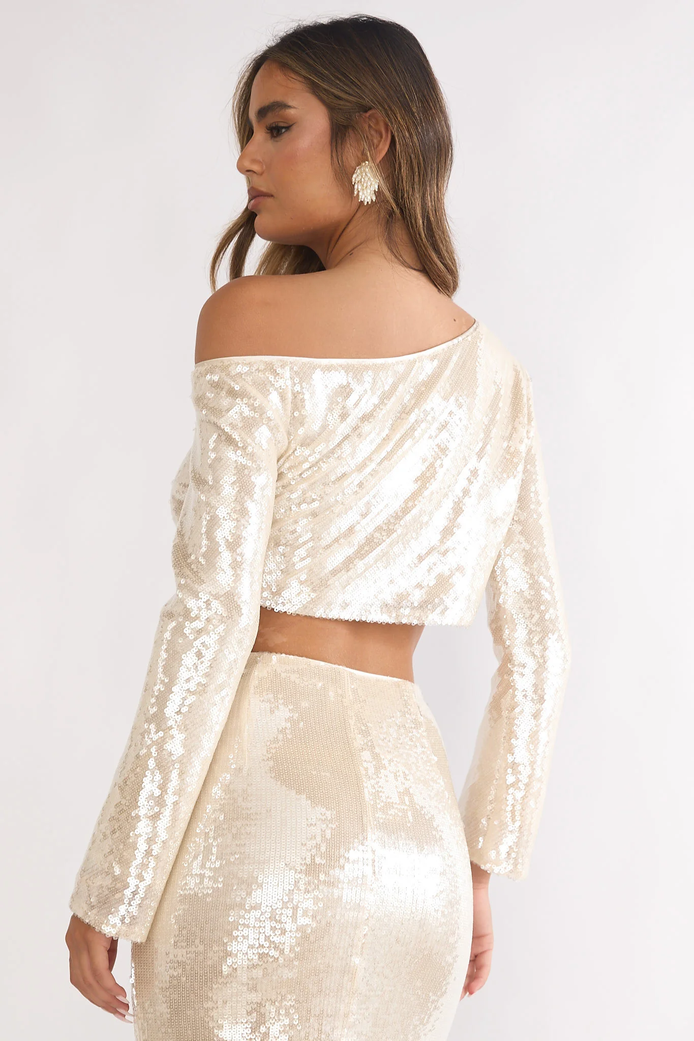 Crystalline Asymmetric Neckline Crop Top Sequin Champagne
