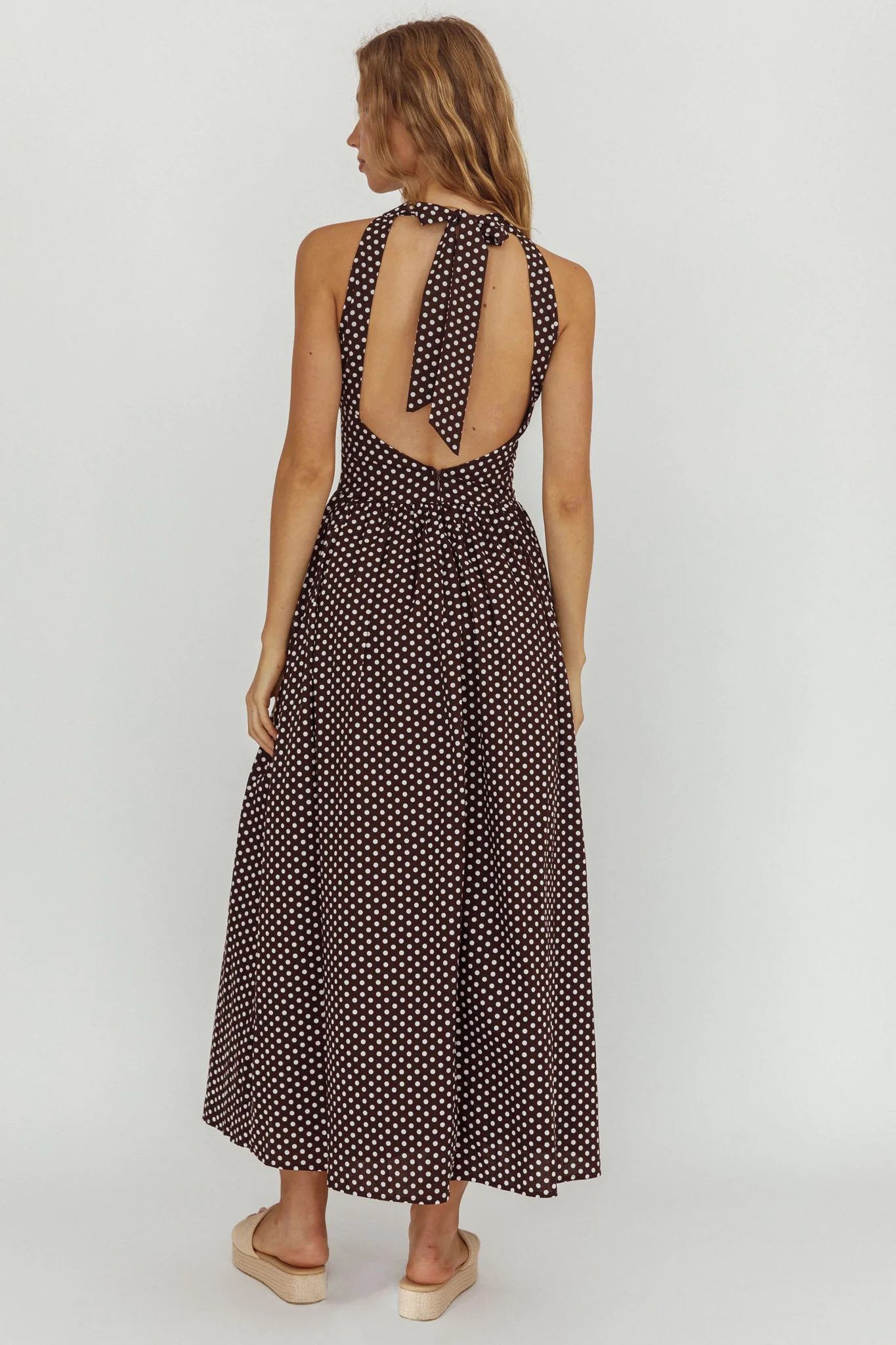 Clarette Basque Waist Open Back Maxi Dress Spotted Chocolate