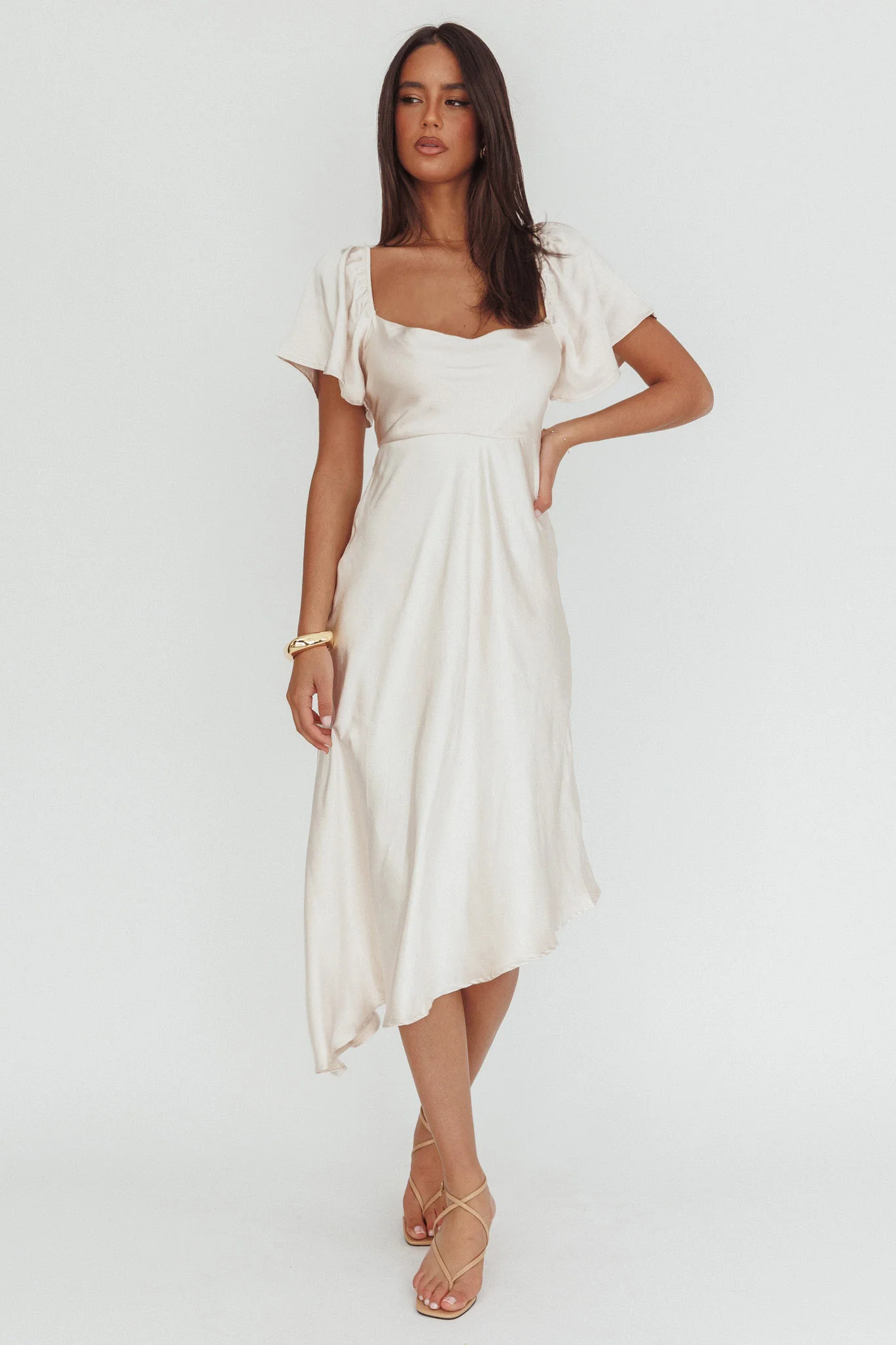 Grayson Tied Back Asymmetrical Midi Dress Champagne